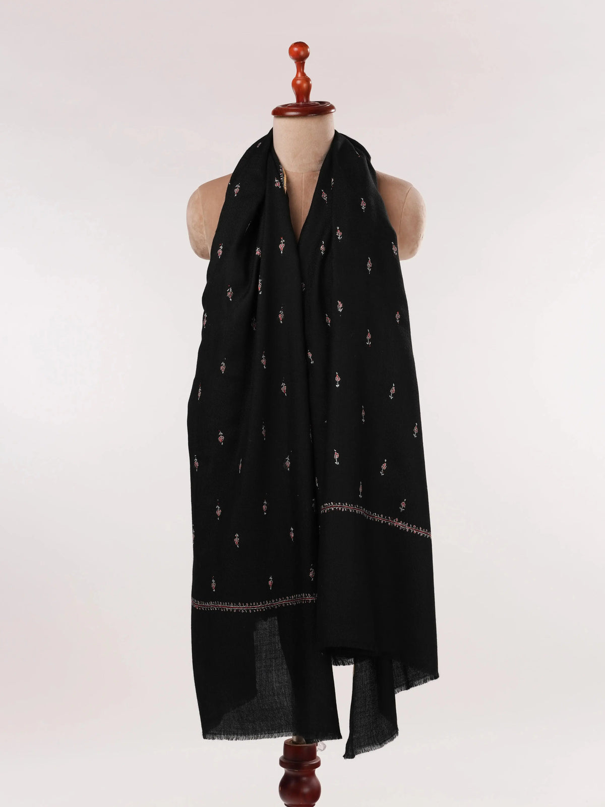 Buteh Hand Sozni Embroidered Black Kashmiri Fine Wool Shawl Shahkaar.com