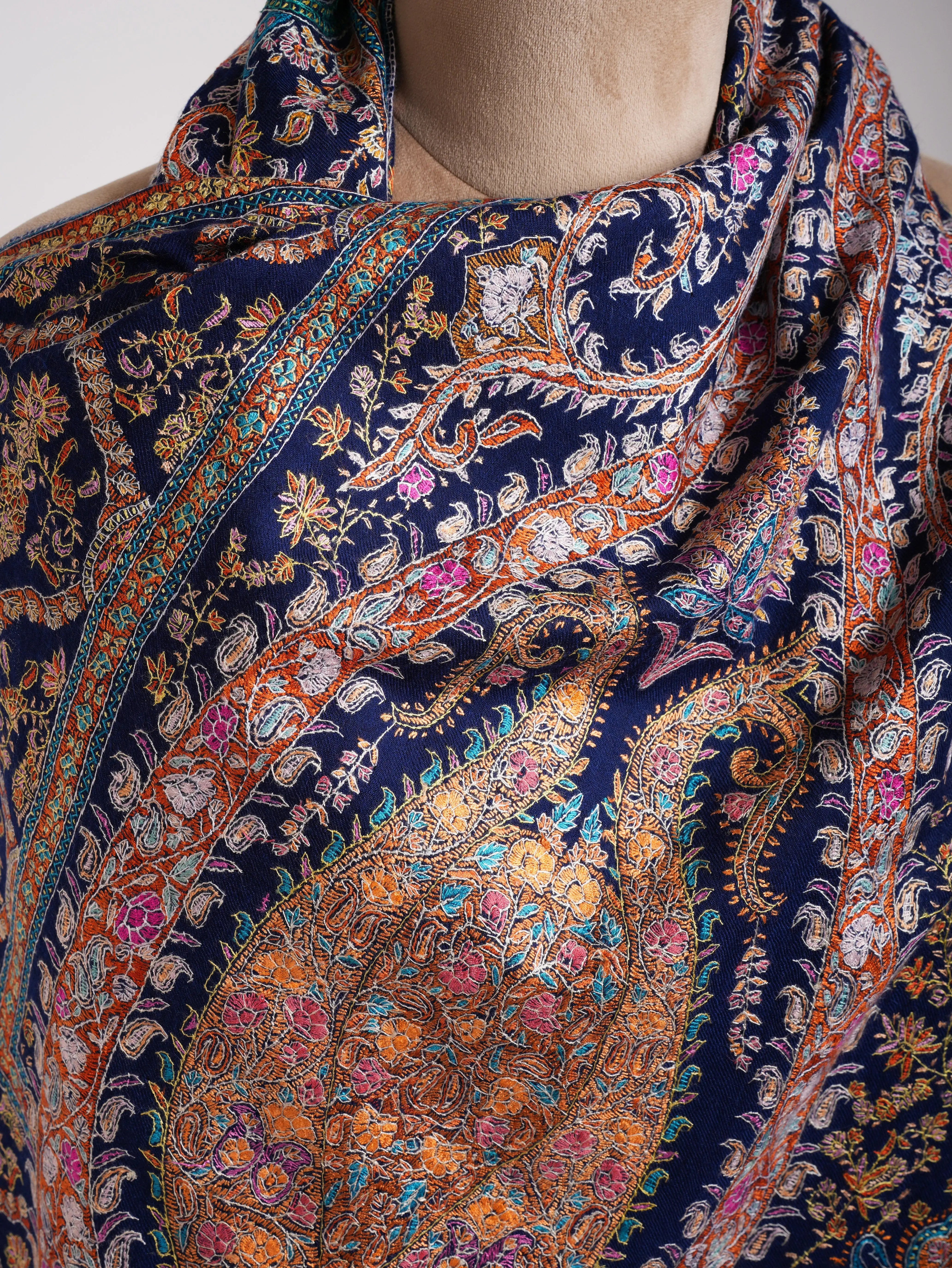 Classic Blue Hand Embroidered Kashmiri Jamavar Shawl Shahkaar