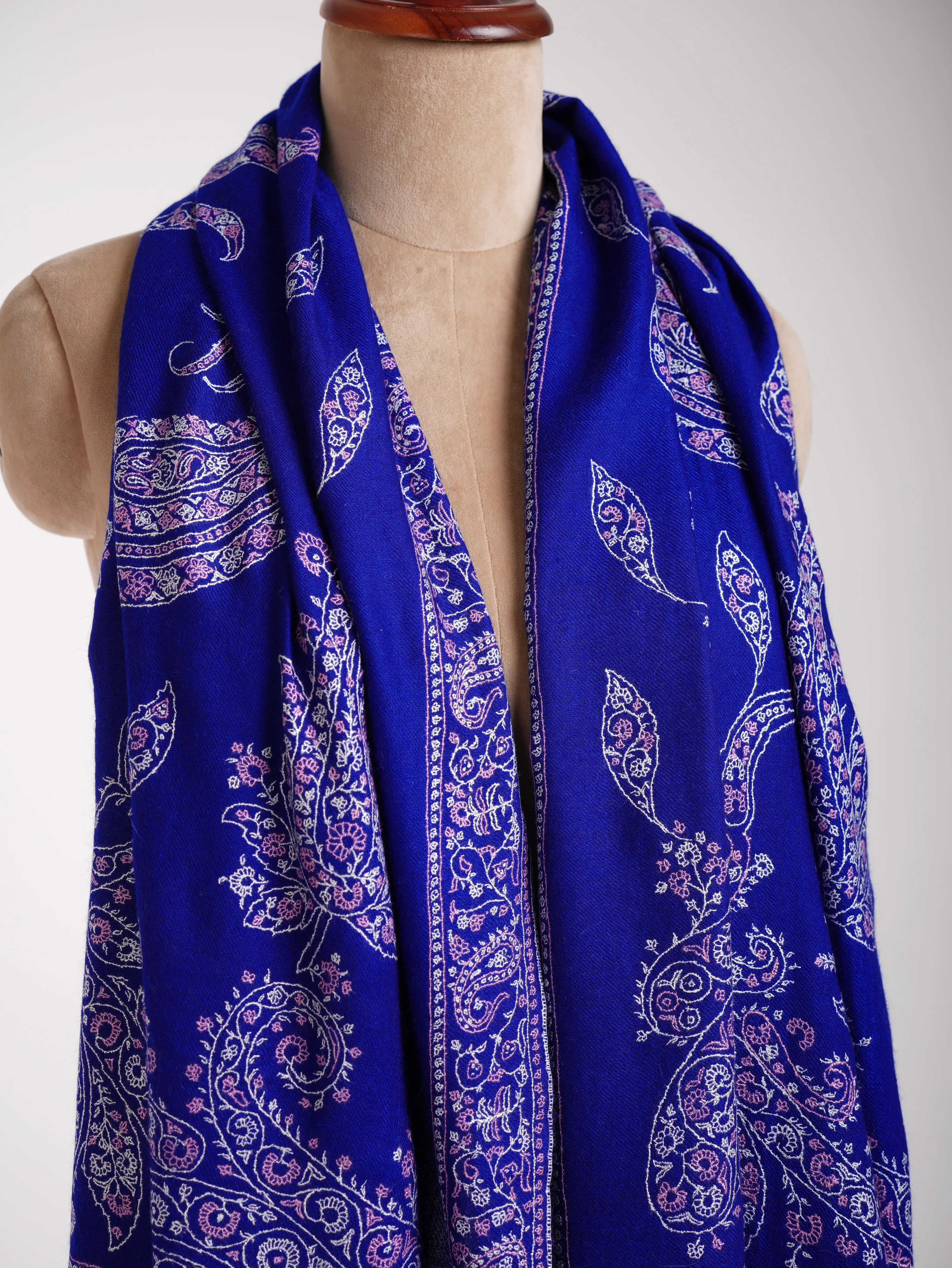 Cobalt Blue Indian Sozni Embroidered Pashmina Shawl Shahkaar