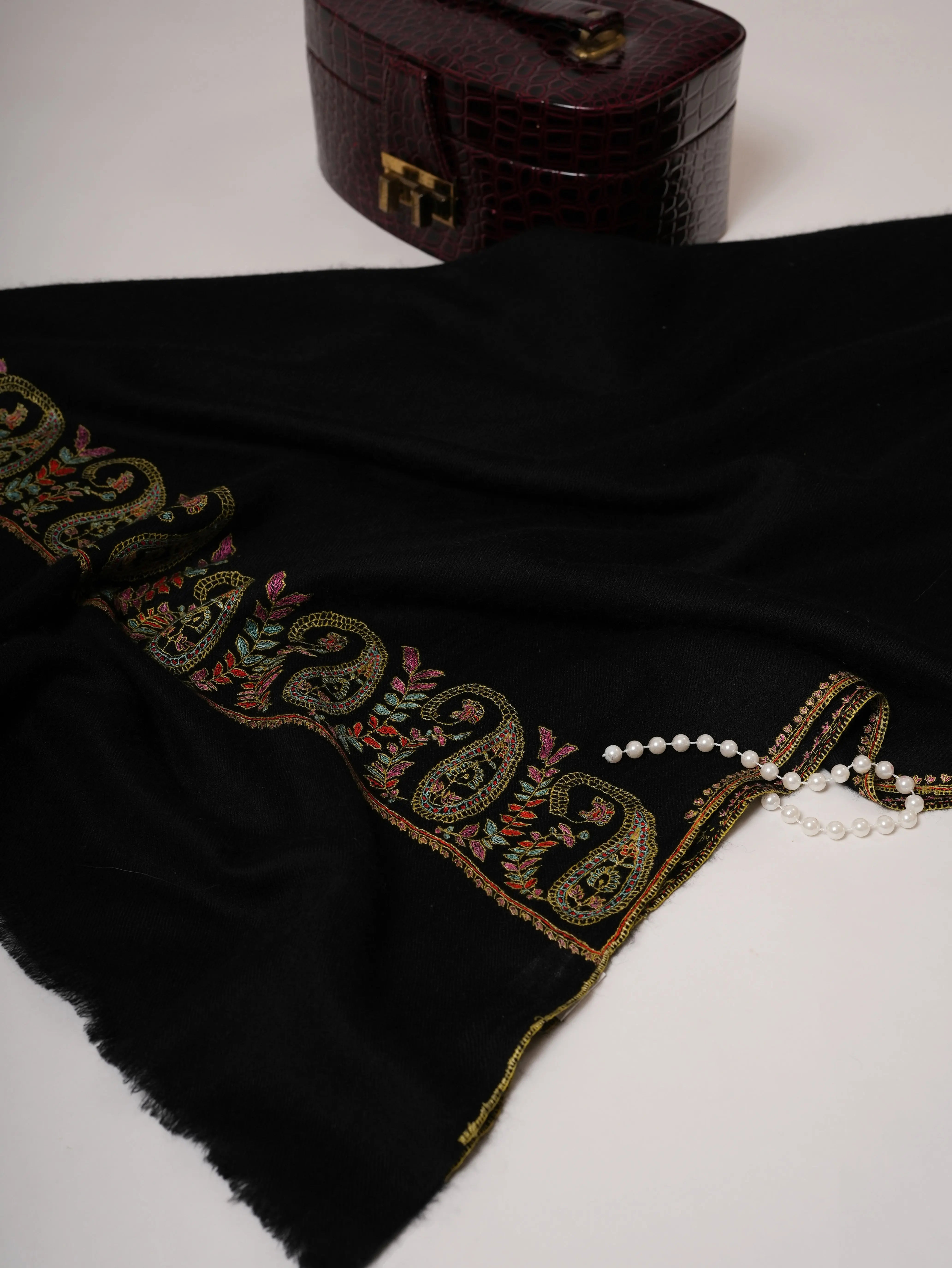 Contemporary Black Cashmere Scarf with Paisley Palla Embroidery Shahkaar