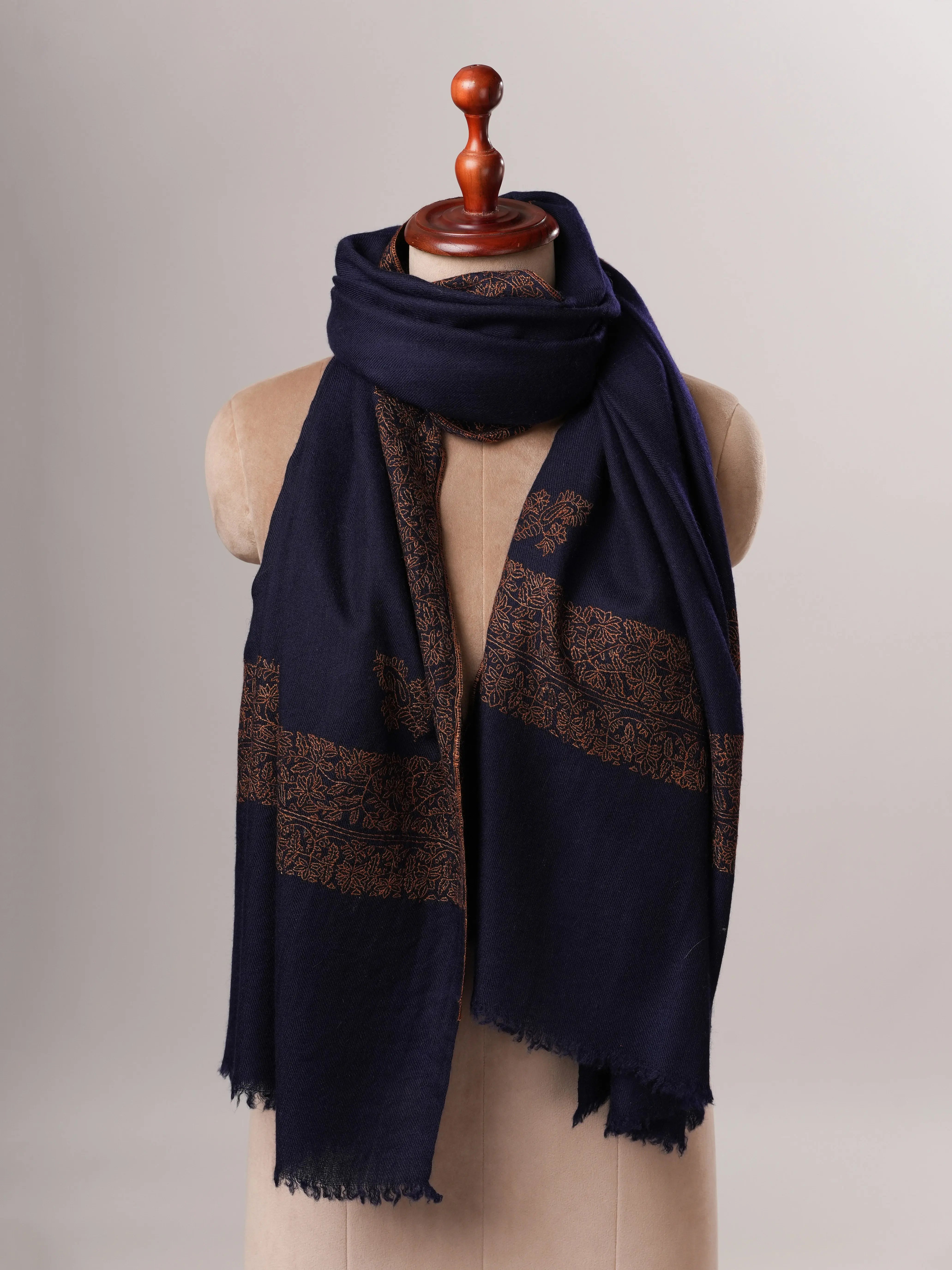 Contemporary Dark Blue Cashmere Scarf with Handcrafted Daur Embroidery Shahkaar