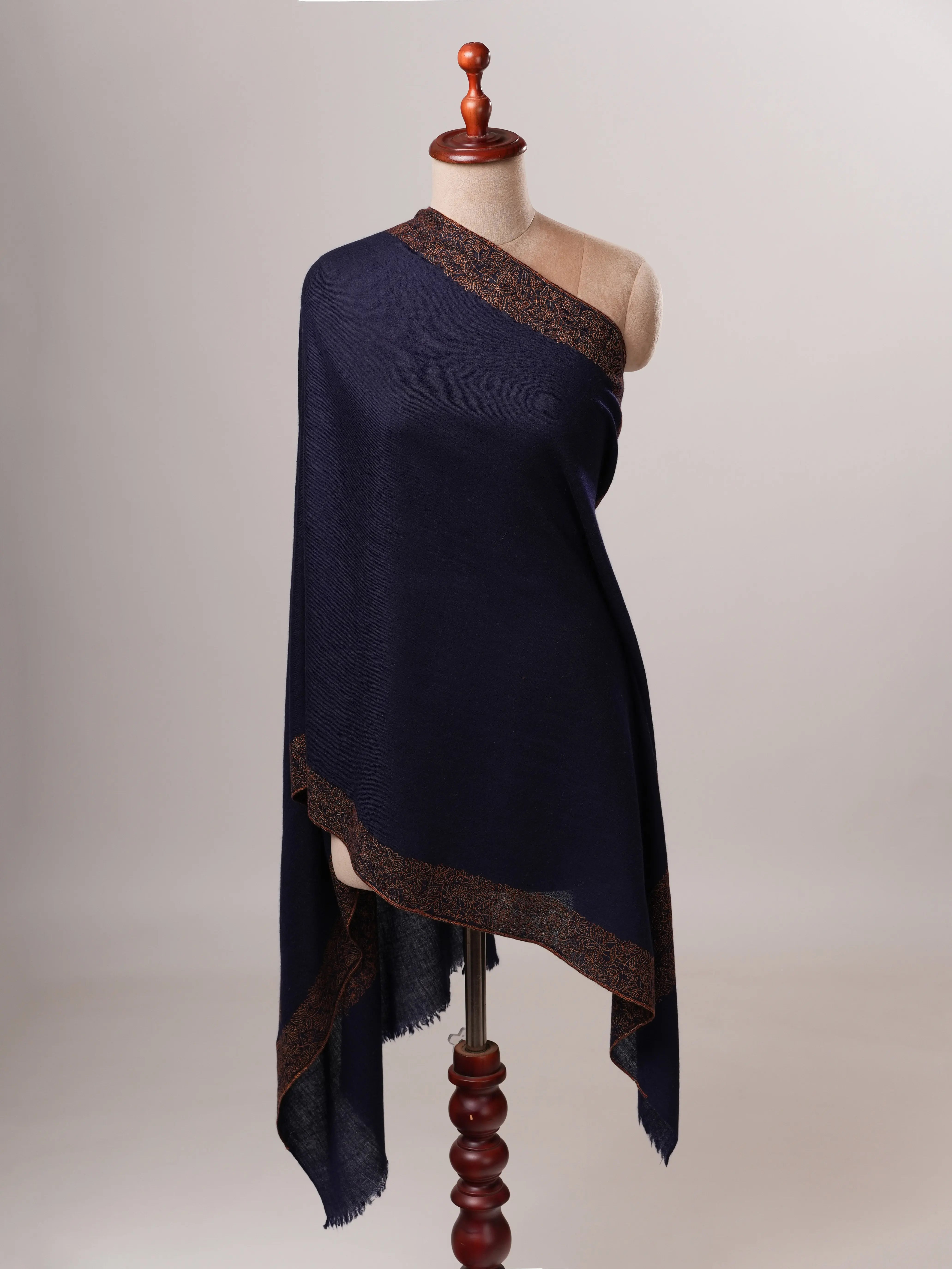 Contemporary Dark Blue Cashmere Scarf with Handcrafted Daur Embroidery Shahkaar