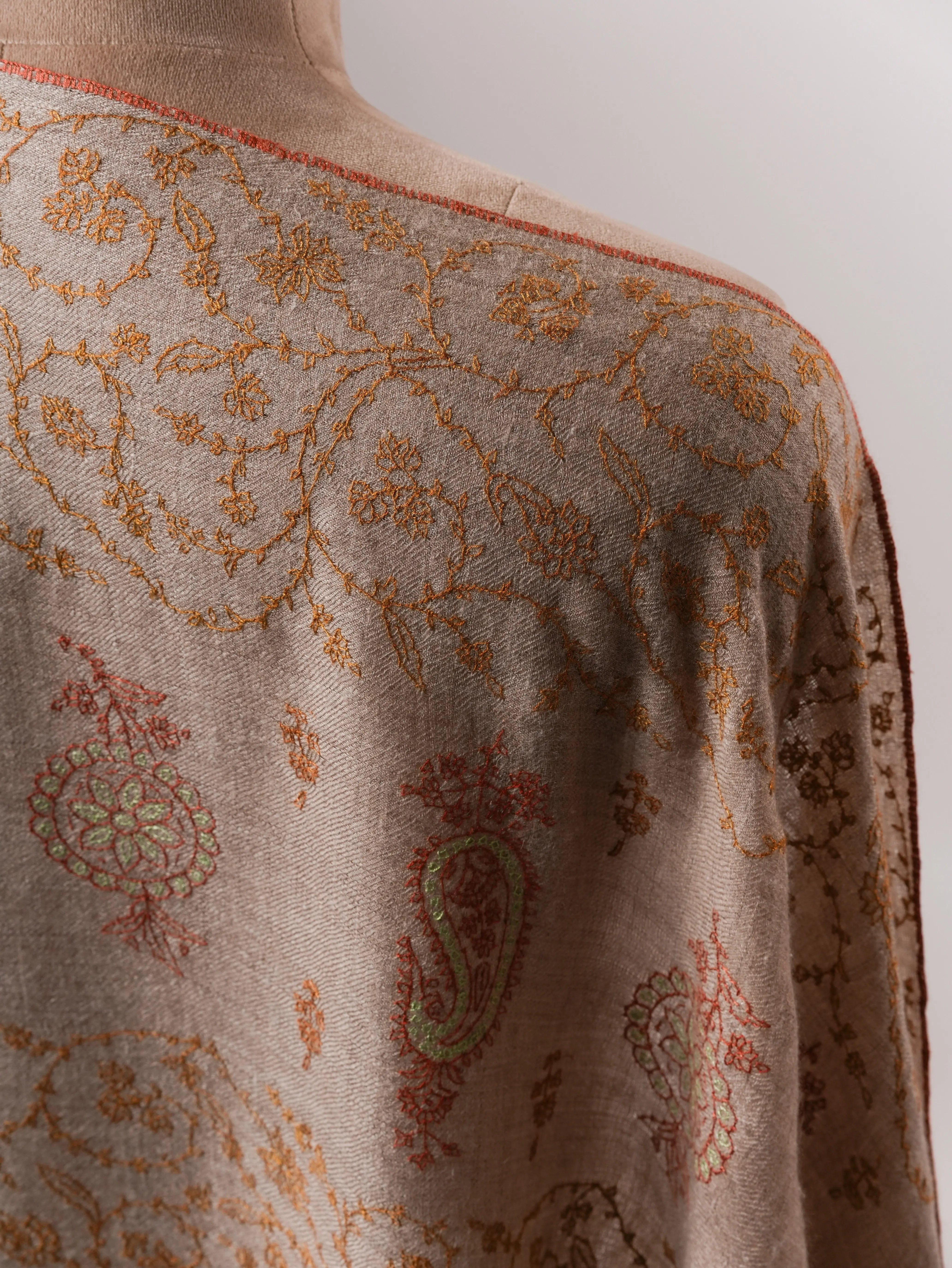 Contemporary Natural Grey Cashmere Scarf with All Over Embroidery Shahkaar