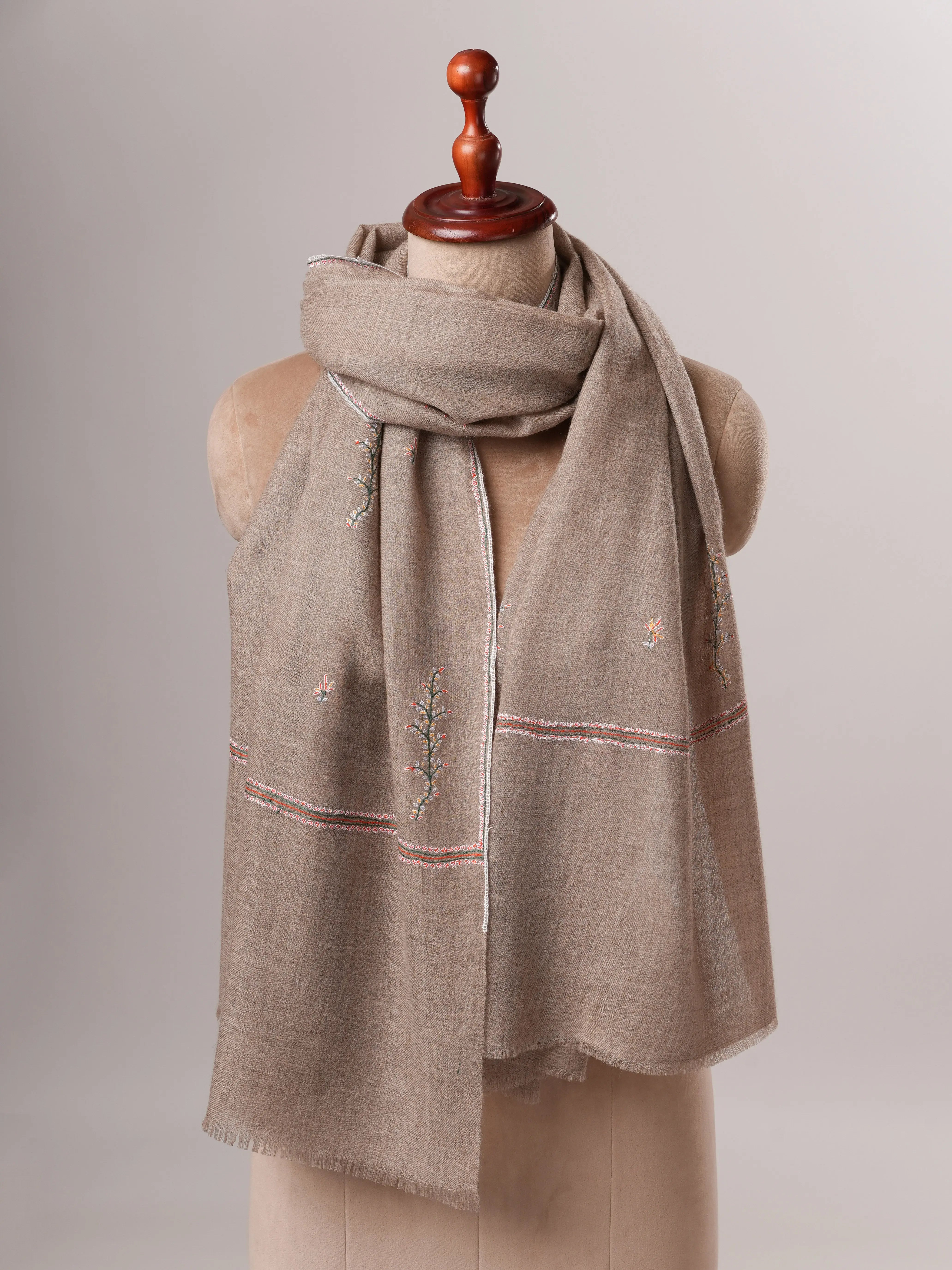 Contemporary Natural Grey Cashmere Scarf with Buteh Handwork Shahkaar