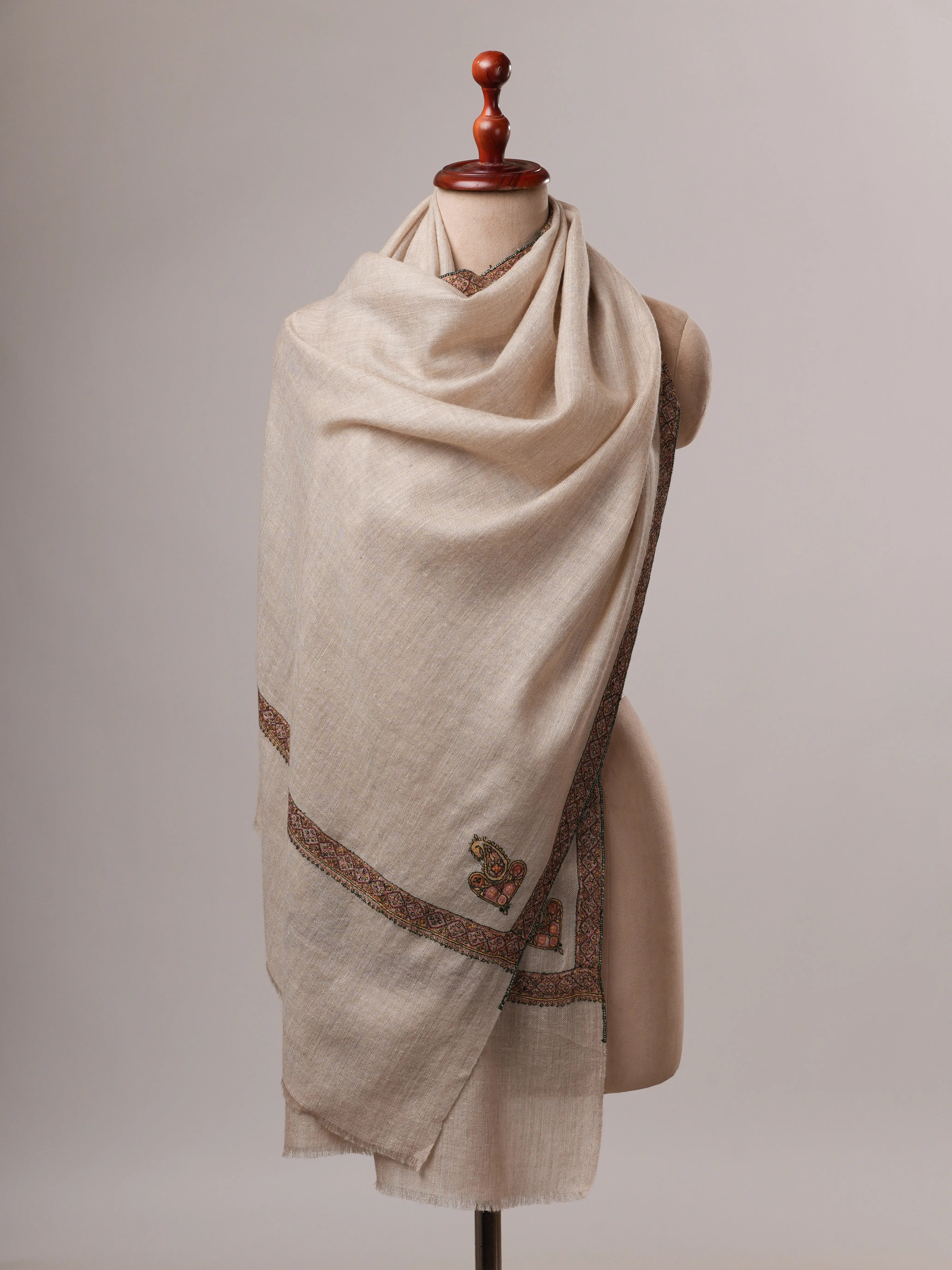 Contemporary Natural Grey Cashmere Scarf with Hashia Embroidery Shahkaar