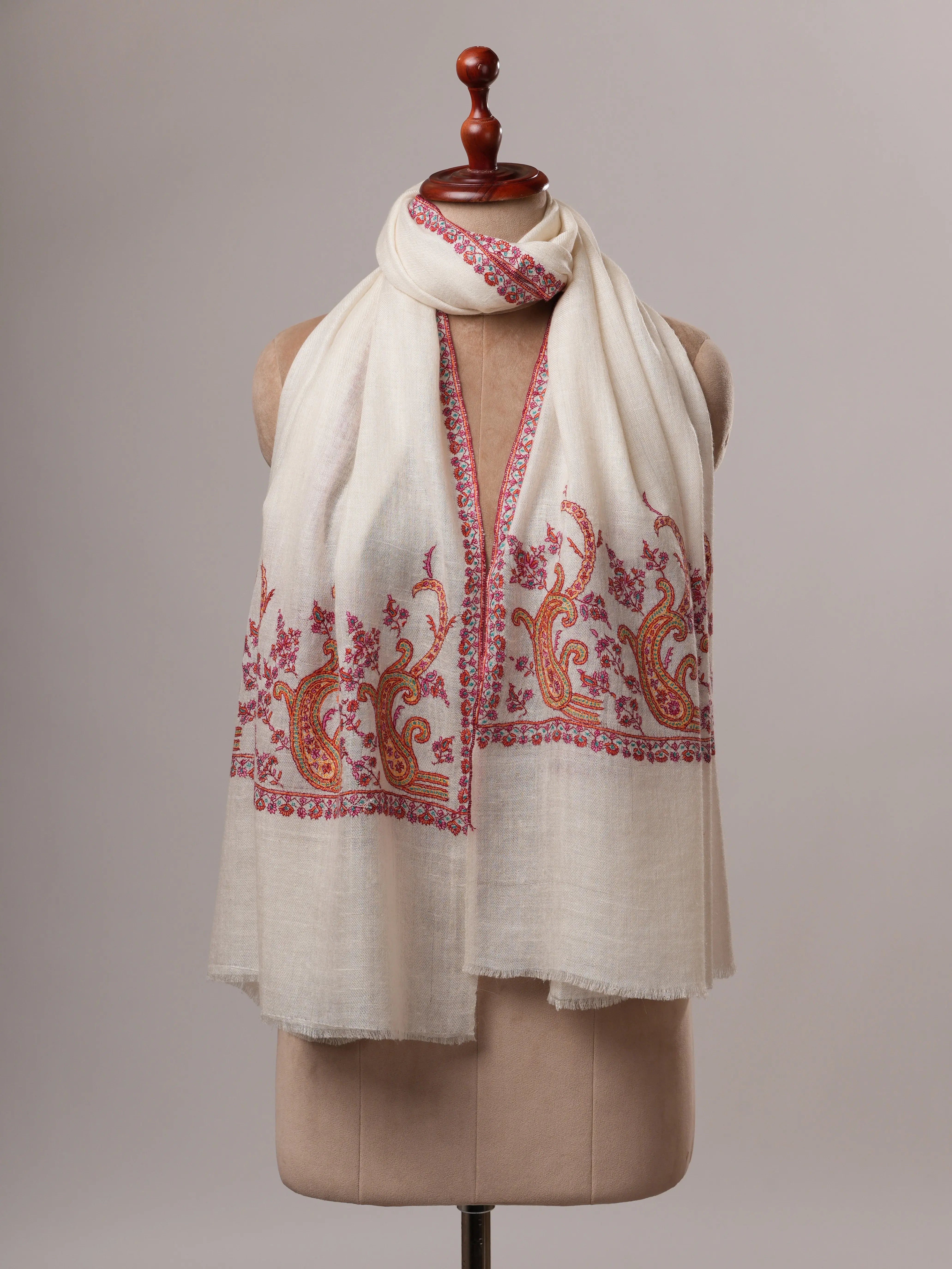 Contemporary Off White Cashmere Scarf with Palla Paisley Embroidery Shahkaar
