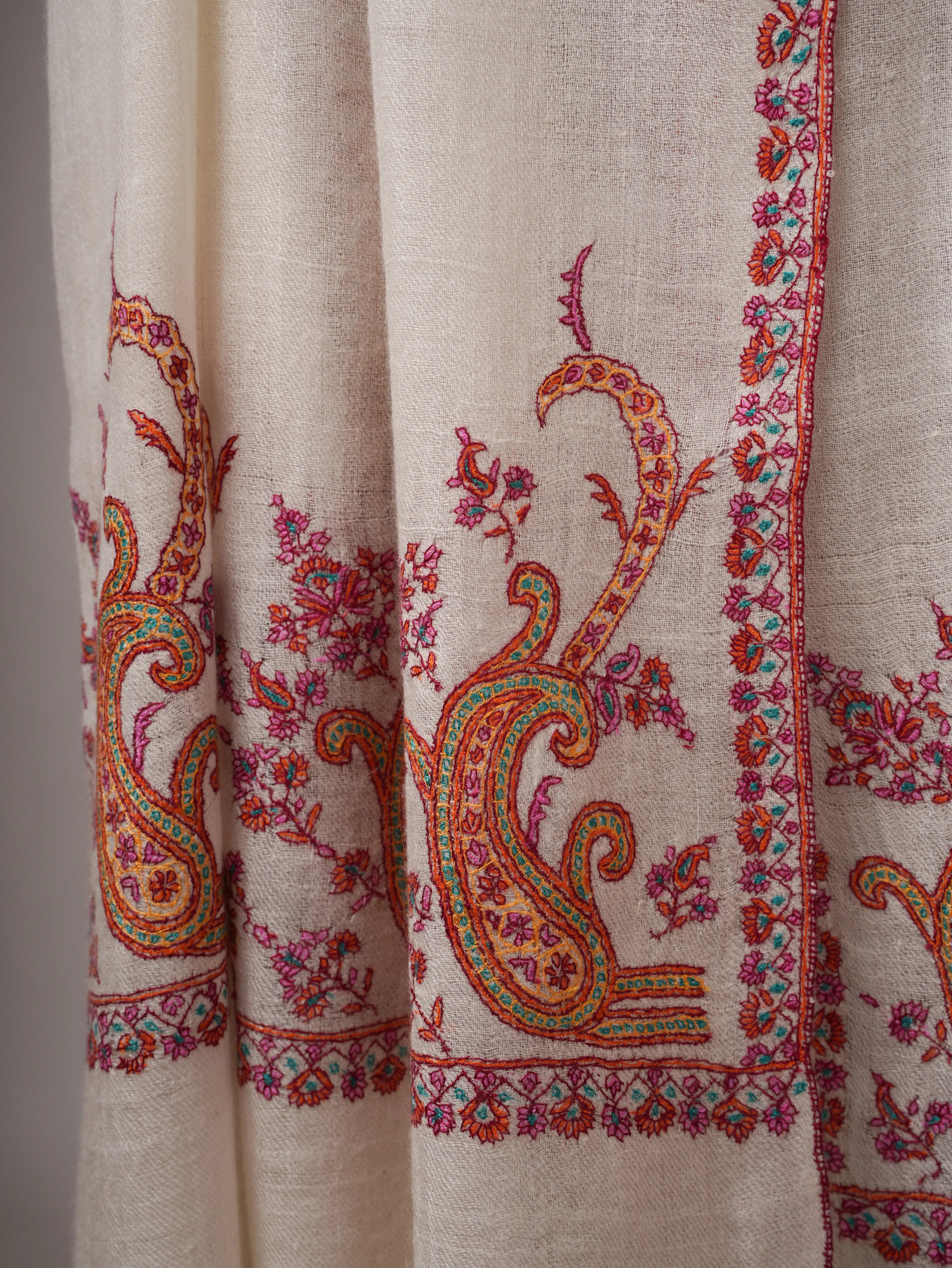 Contemporary Off White Cashmere Scarf with Palla Paisley Embroidery Shahkaar