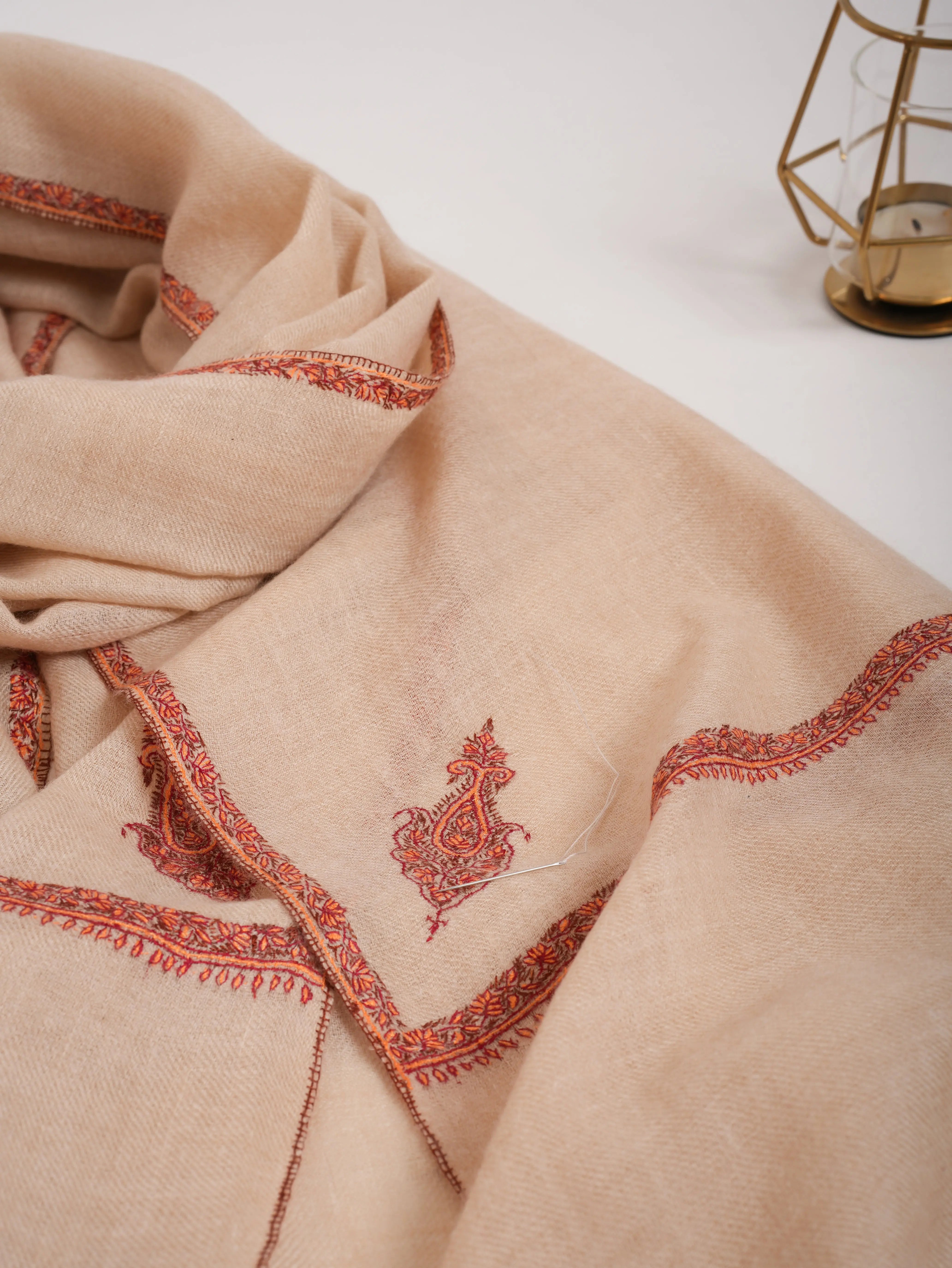 Cream Color Sozni Embroidered Cashmere Wrap Shahkaar