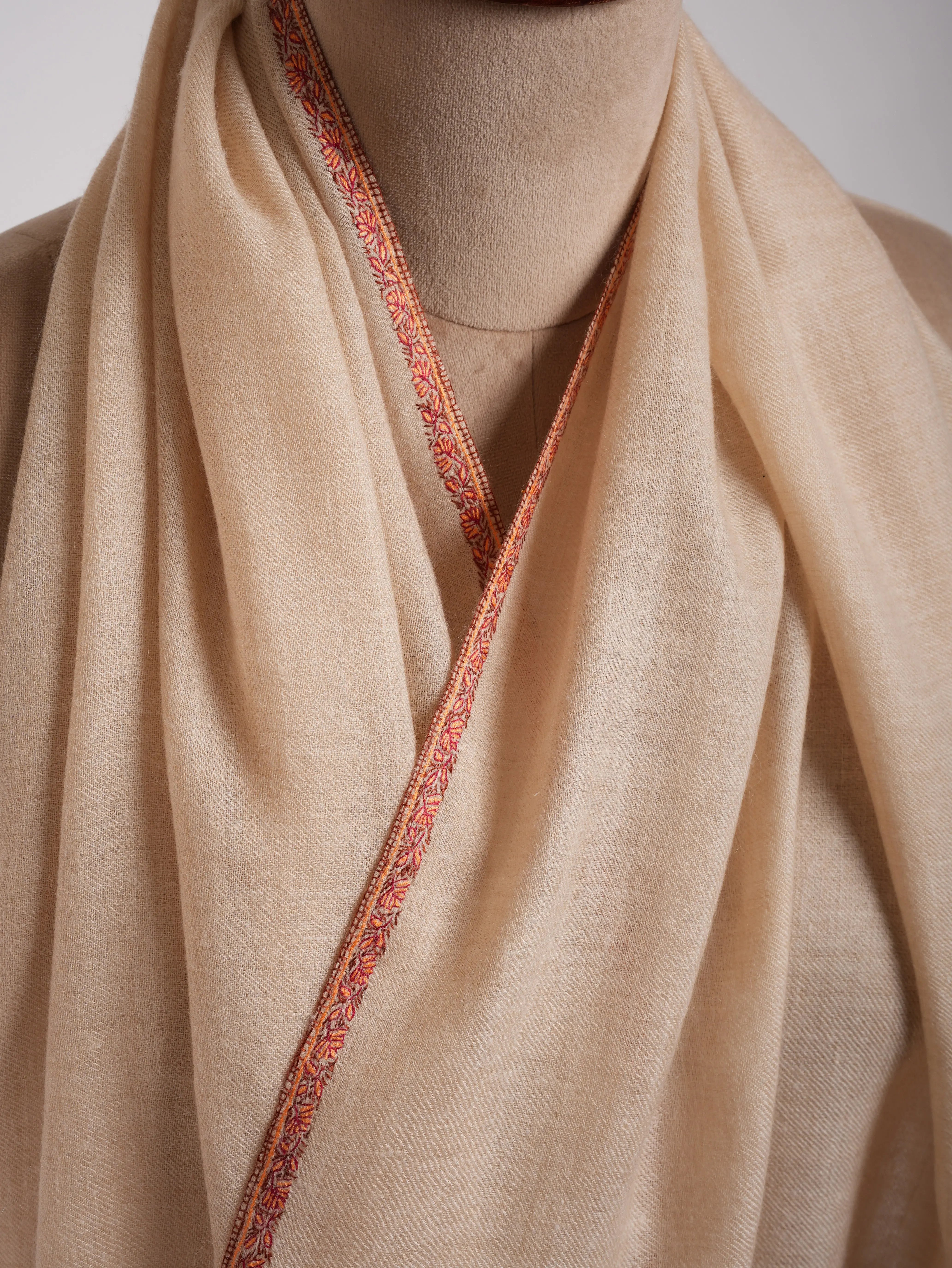 Cream Color Sozni Embroidered Cashmere Wrap Shahkaar
