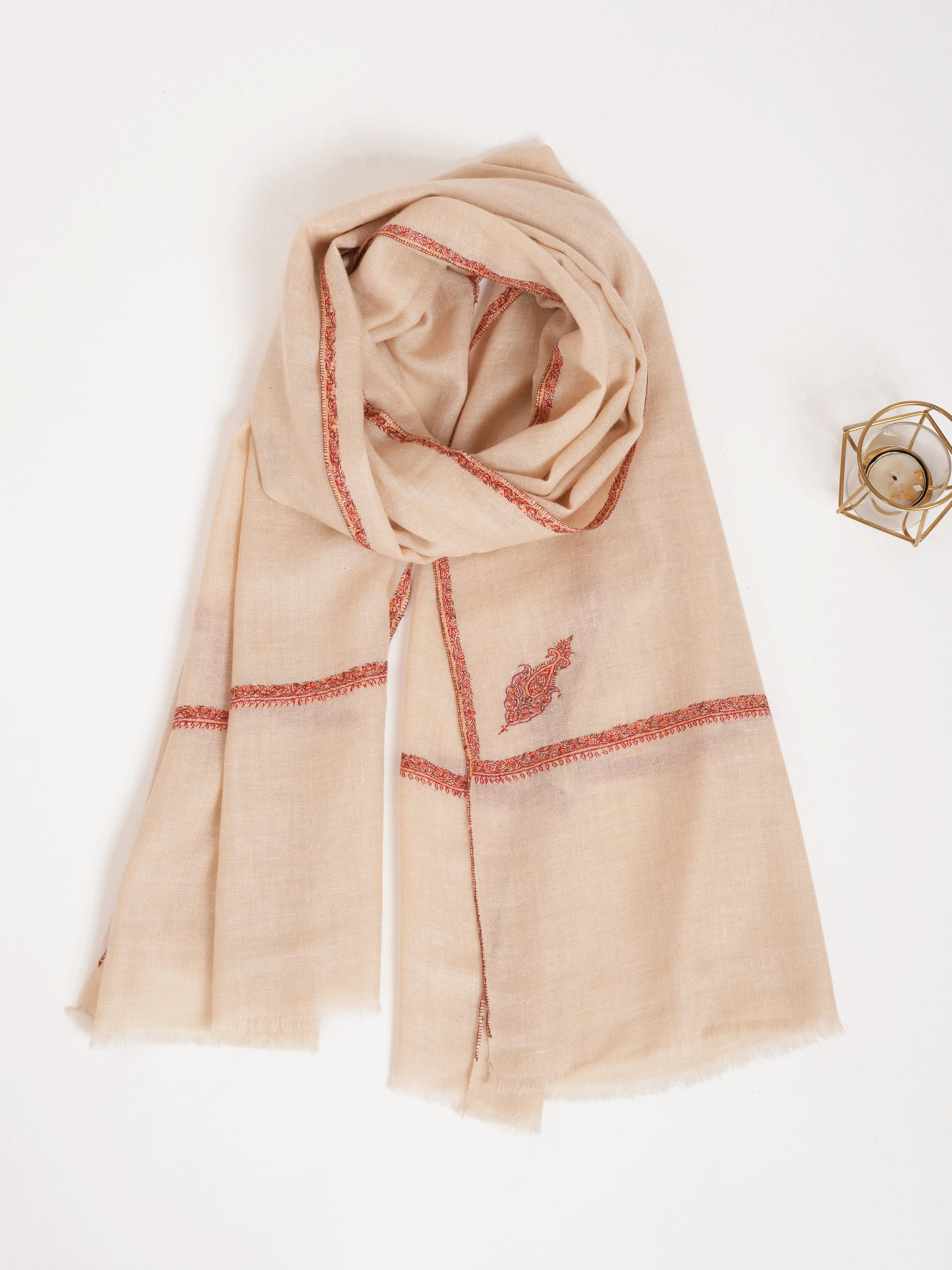 Cream Color Sozni Embroidered Cashmere Wrap Shahkaar