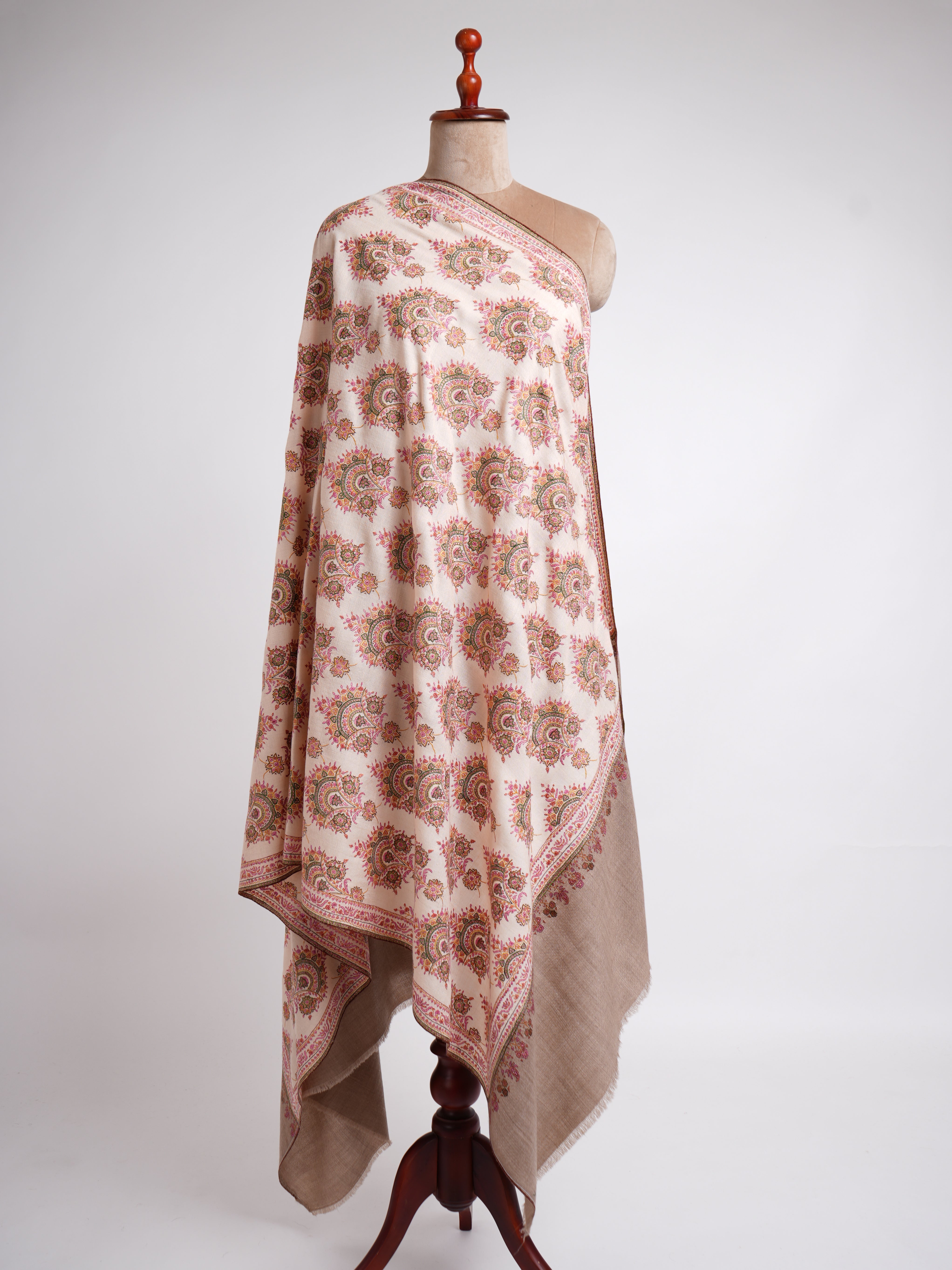 Silk Sozni Hand Embroidered Butah Pashmina Shawl Natural