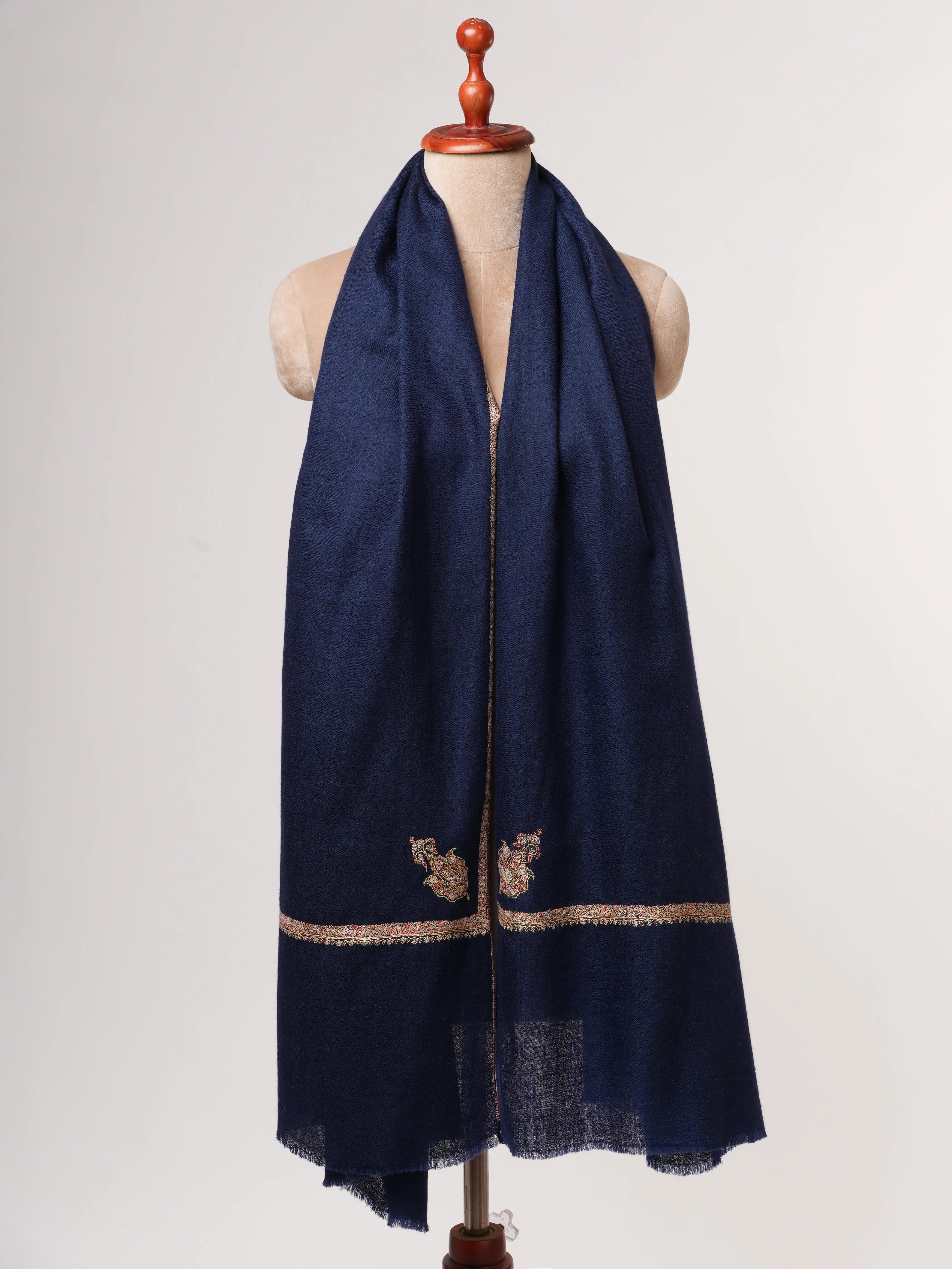 Dark Blue Bail Embroidered Soft Pashmina Shawl – Handcrafted Luxury Shahkaar