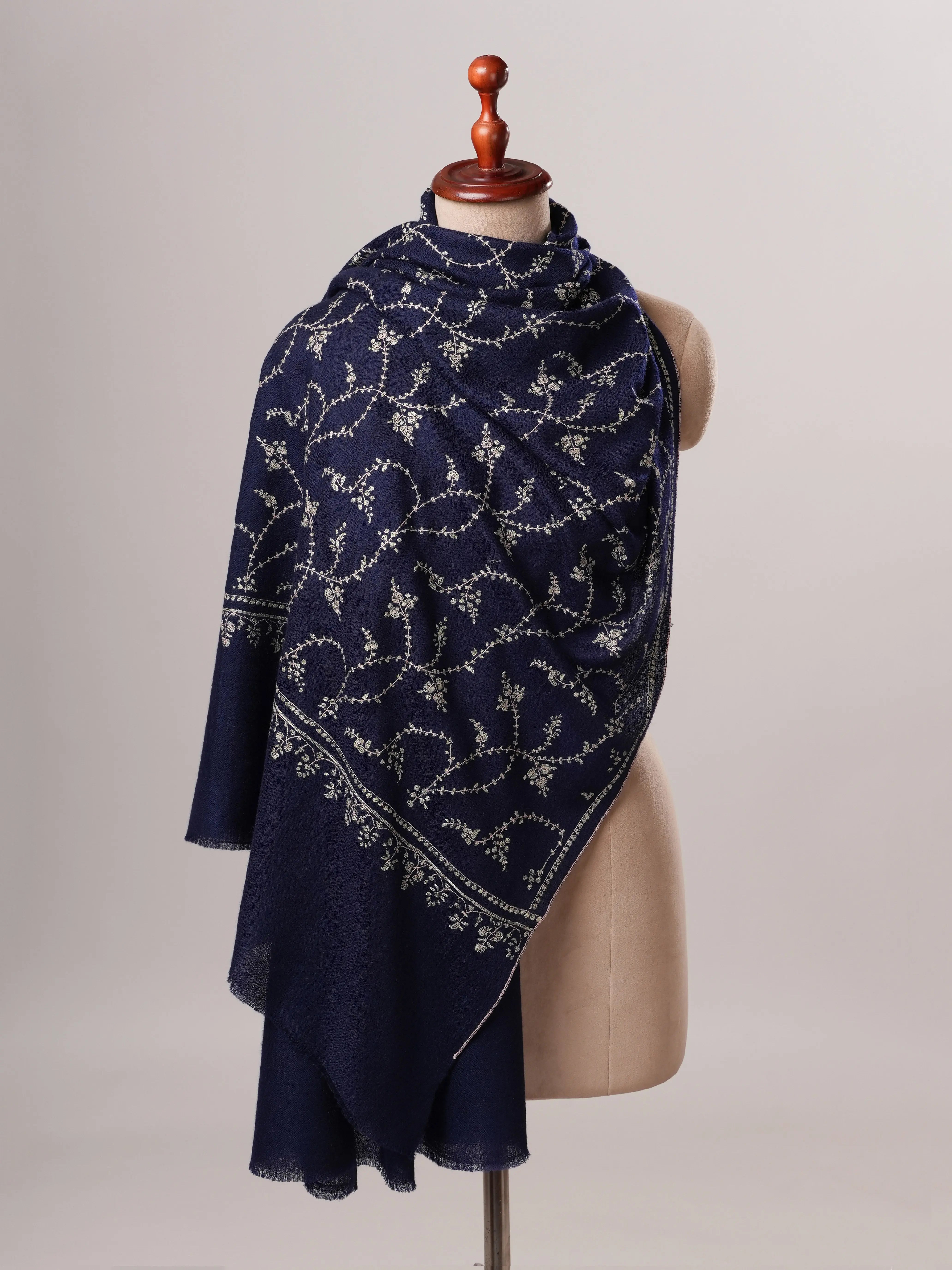 Dark Blue Cashmere Scarf with All-Over Classic Kashmiri Jali Embroidery Shahkaar
