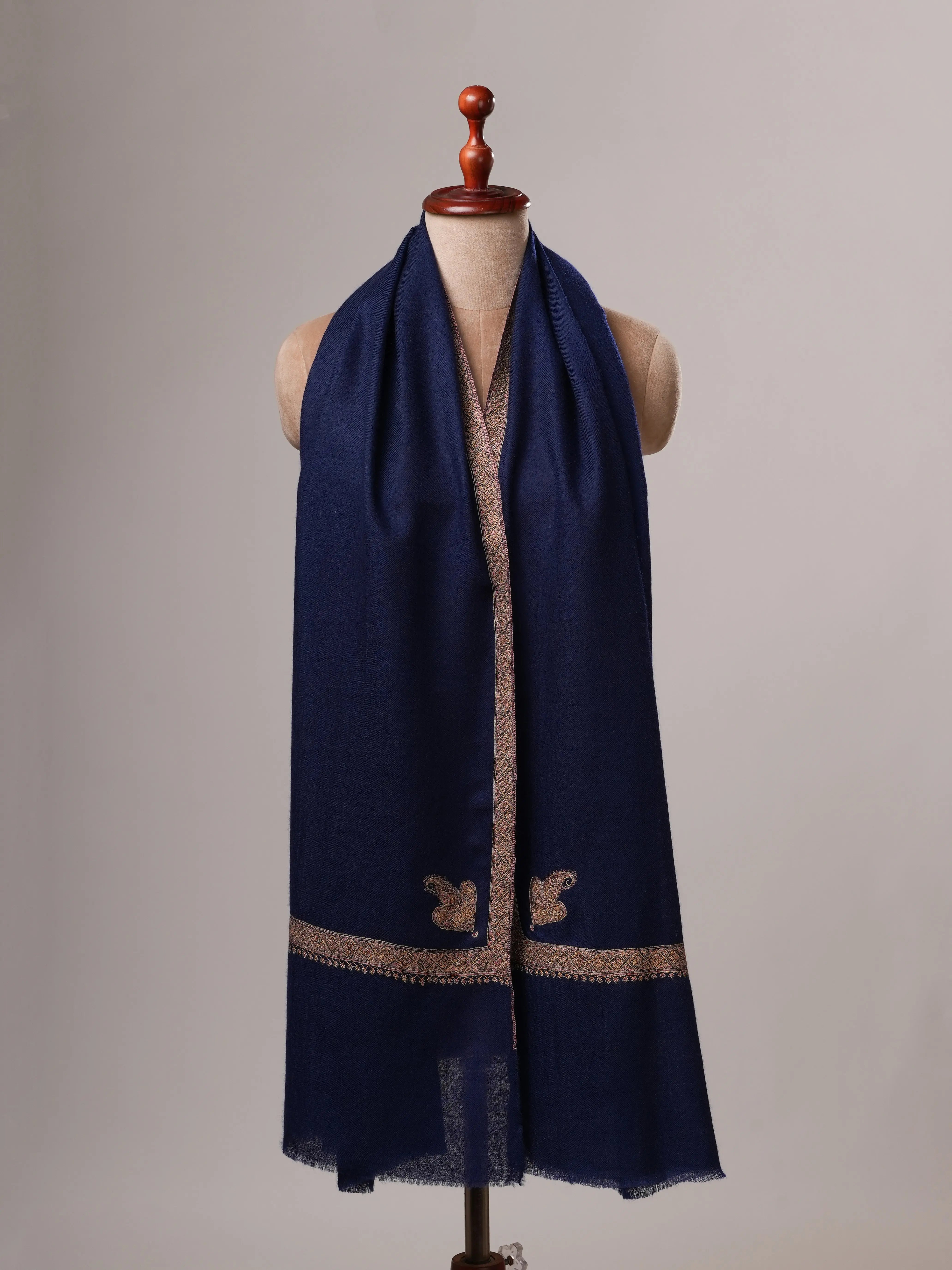 Dark Blue Cashmere Scarf with Classic Hand Embroidery Shahkaar