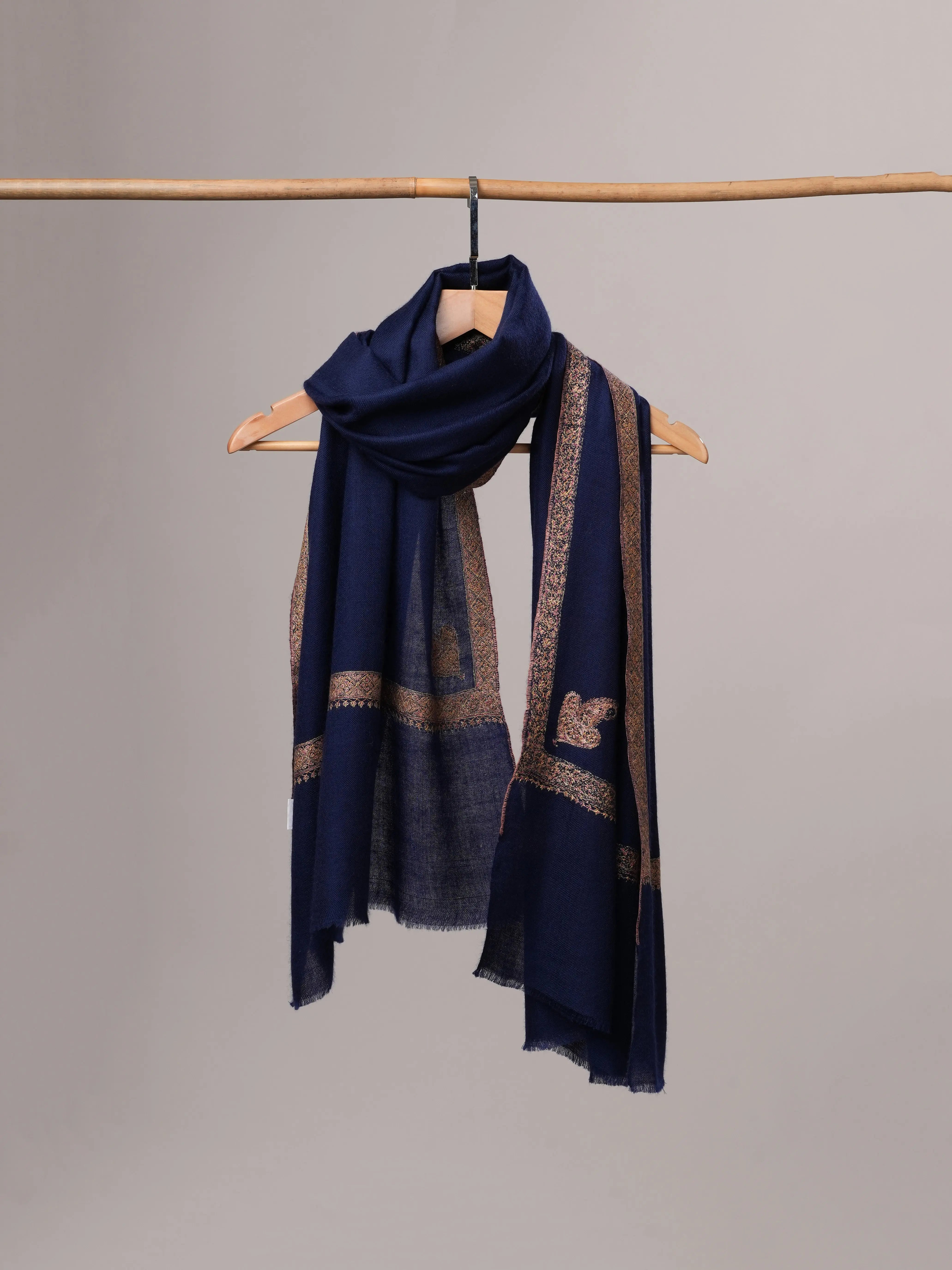 Dark Blue Cashmere Scarf with Classic Hand Embroidery Shahkaar