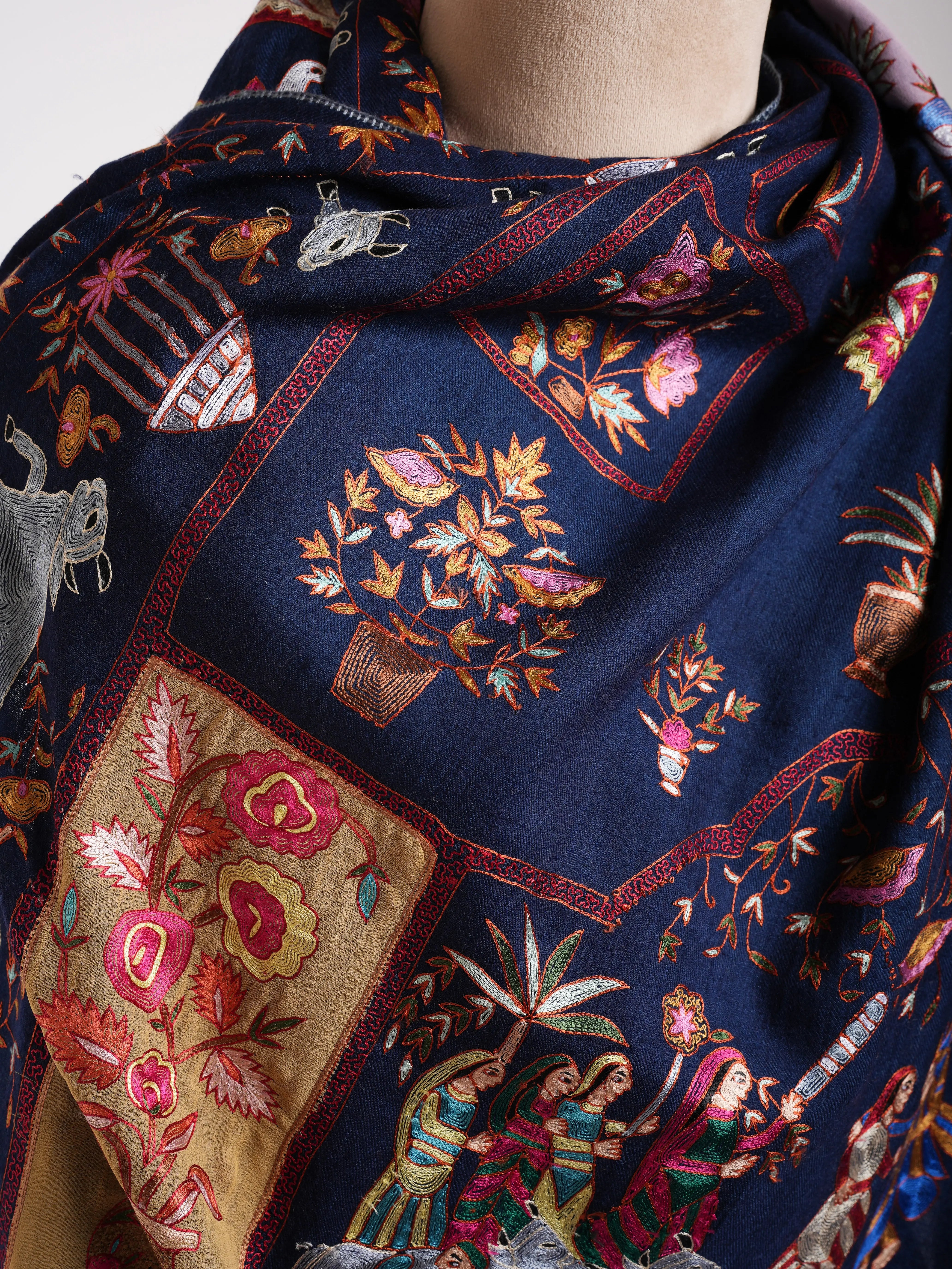 Dark Blue Hand Arty Silk Embroidered Indian Pashmina Shawl Shahkaar