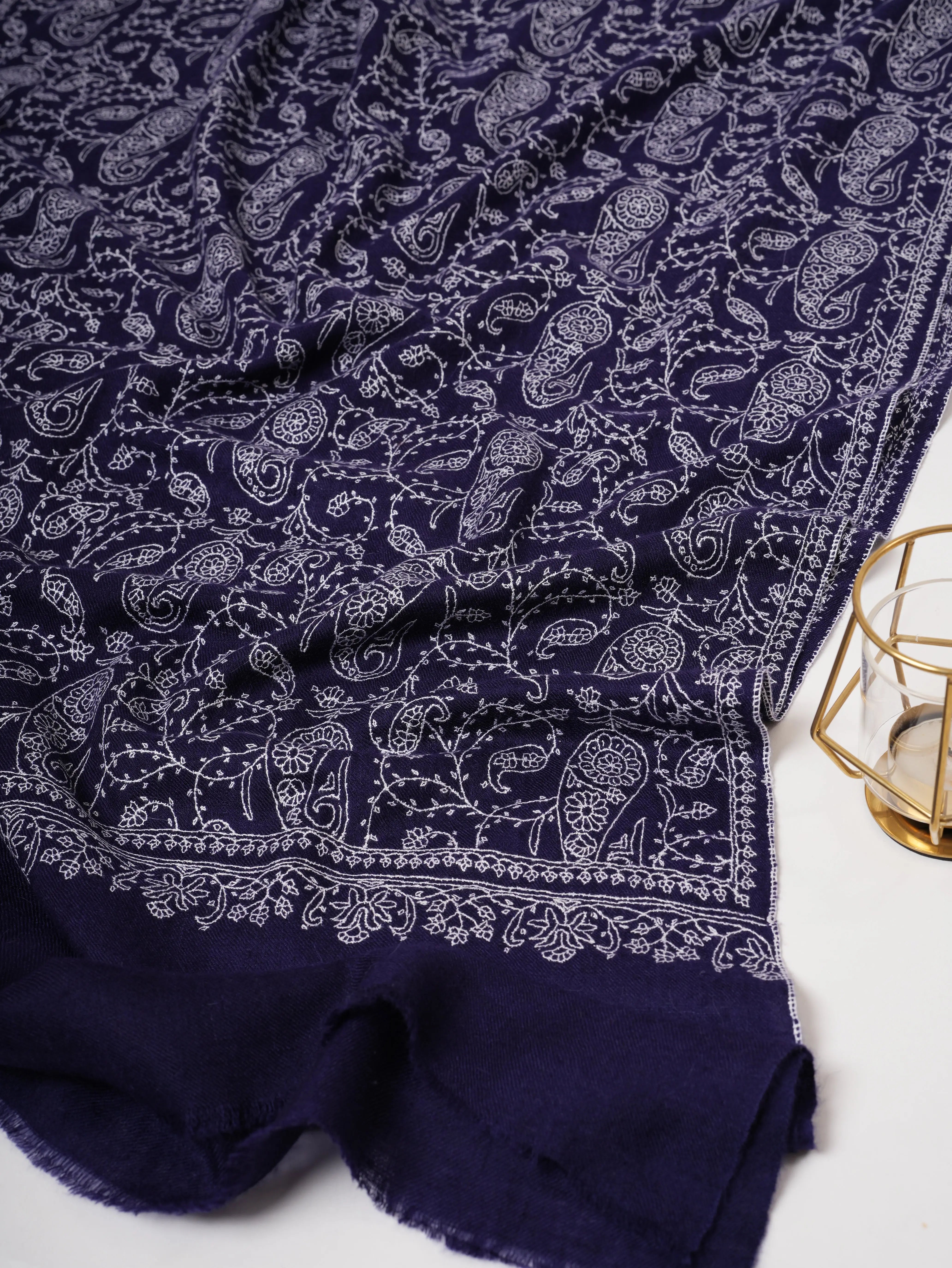 Dark Blue Jali Embroidered Baby Soft Cashmere Scarf – Handwoven Luxury from Kashmir Shahkaar