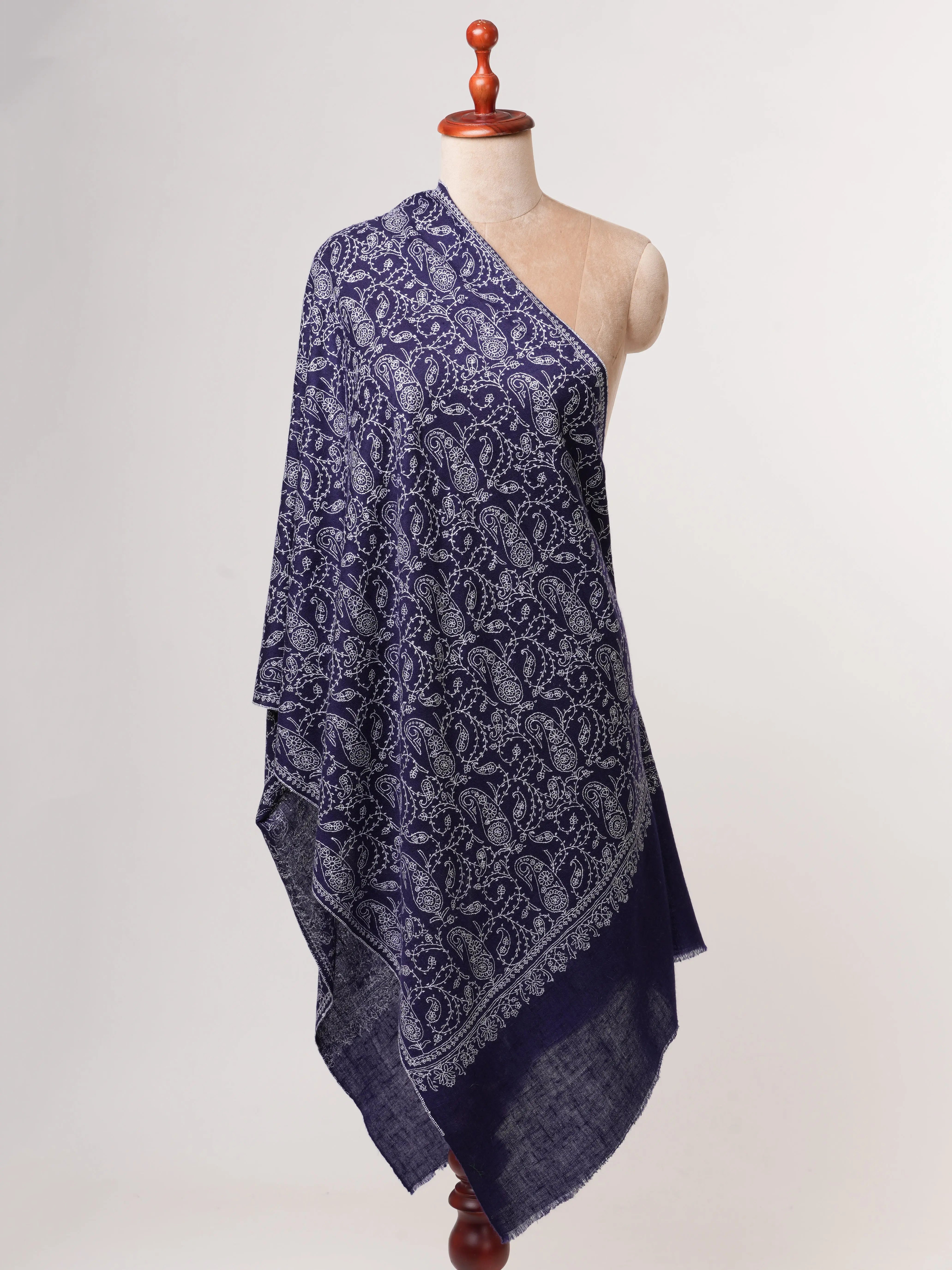 Dark Blue Jali Embroidered Baby Soft Cashmere Scarf – Handwoven Luxury from Kashmir Shahkaar