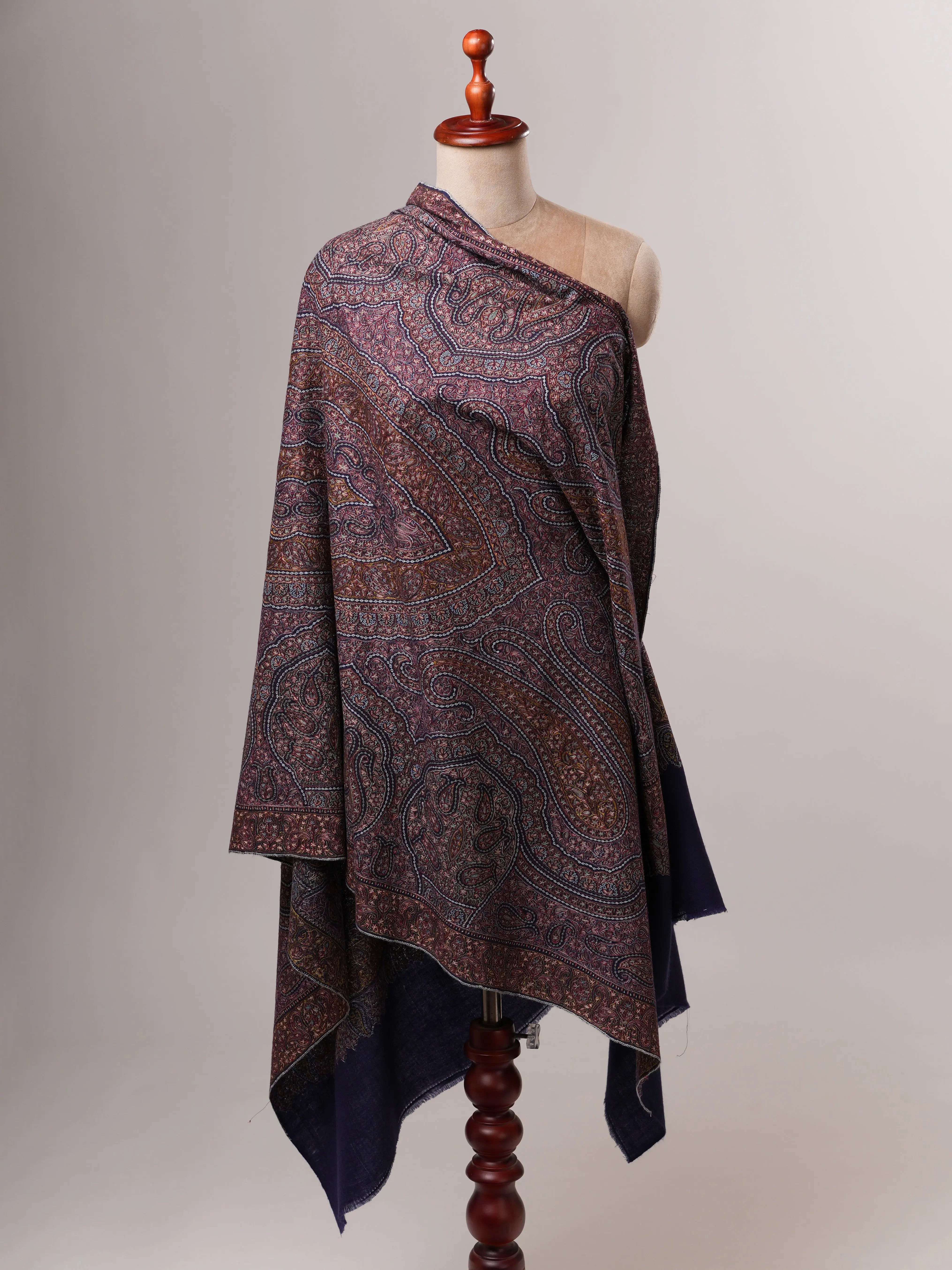 Dark Blue Jamavar Pashmina Shawl with Hand Hook & Sozni Embroidery Shahkaar