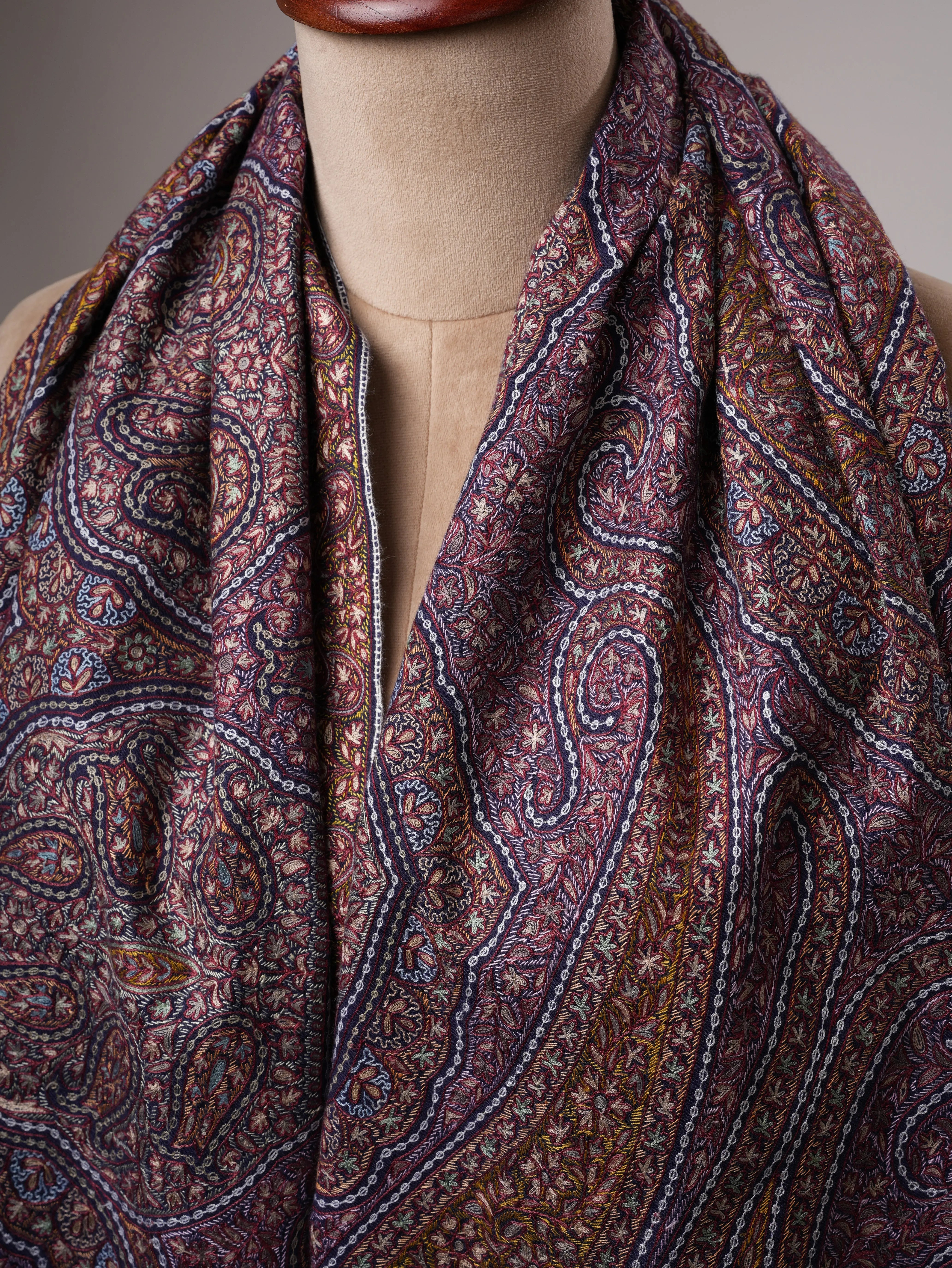 Dark Blue Jamavar Pashmina Shawl with Hand Hook & Sozni Embroidery Shahkaar