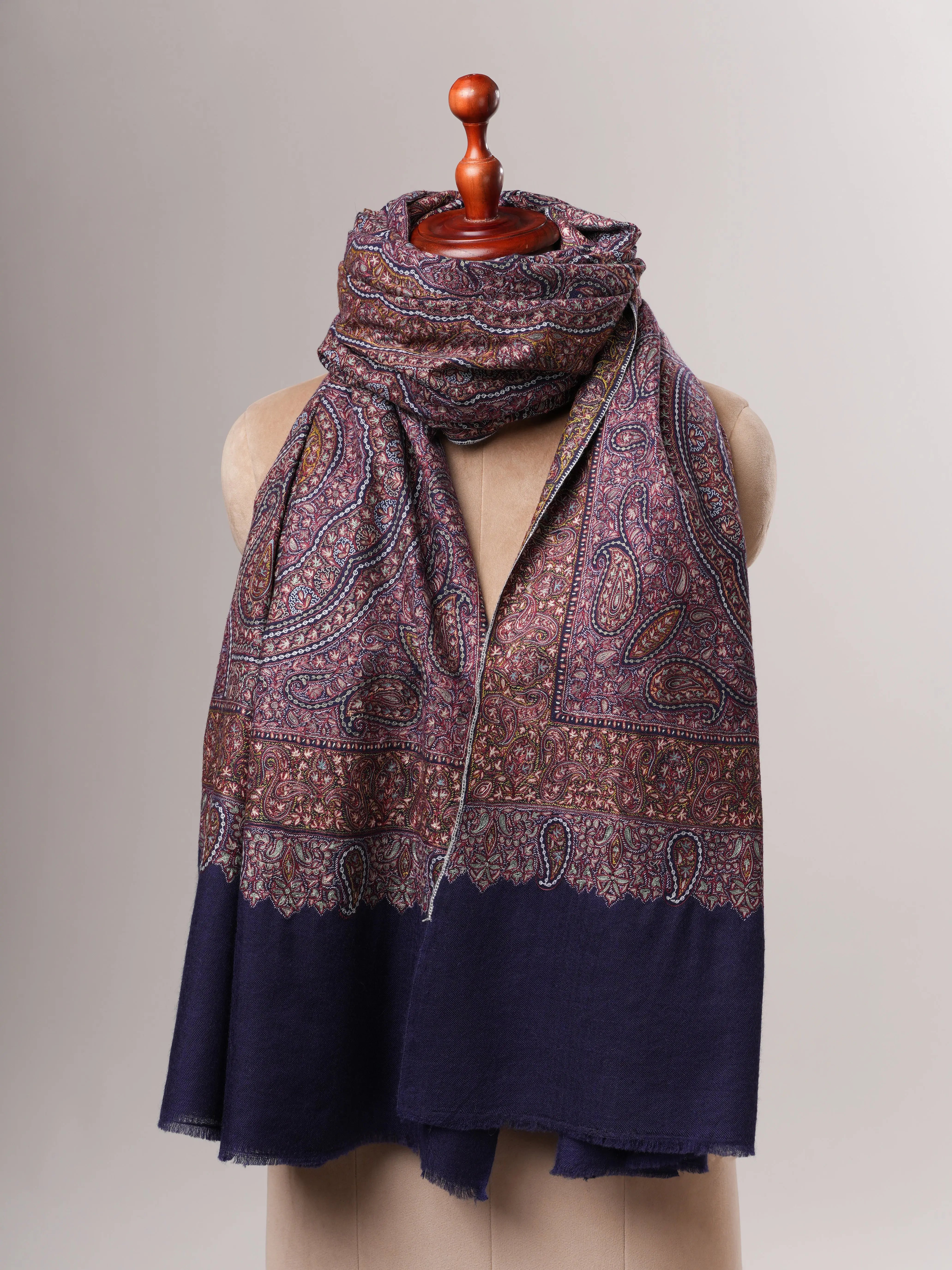 Dark Blue Jamavar Pashmina Shawl with Hand Hook & Sozni Embroidery Shahkaar