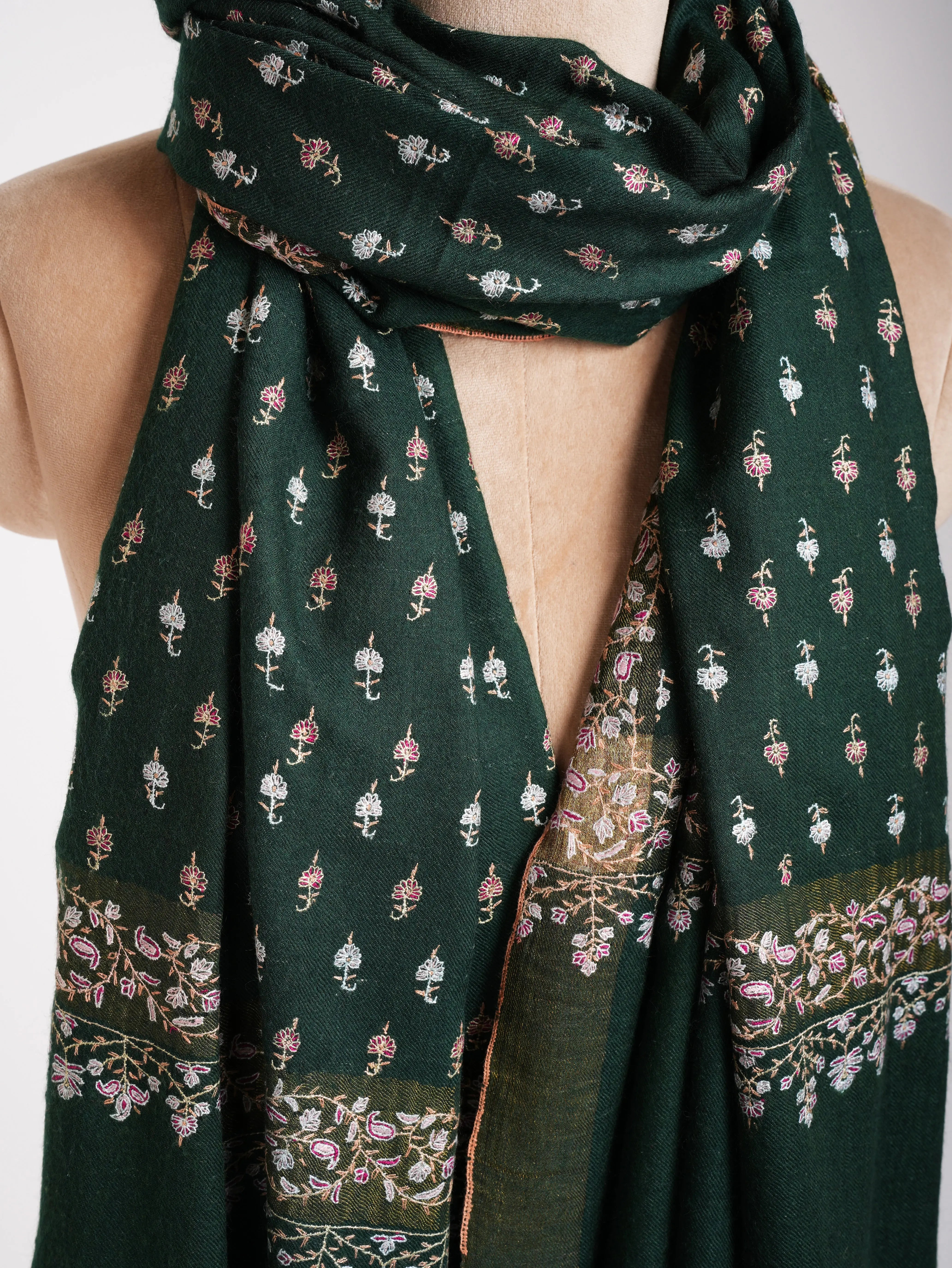 Dark Green Embroidered Pure Handmade Pashmina Shawl Shahkaar