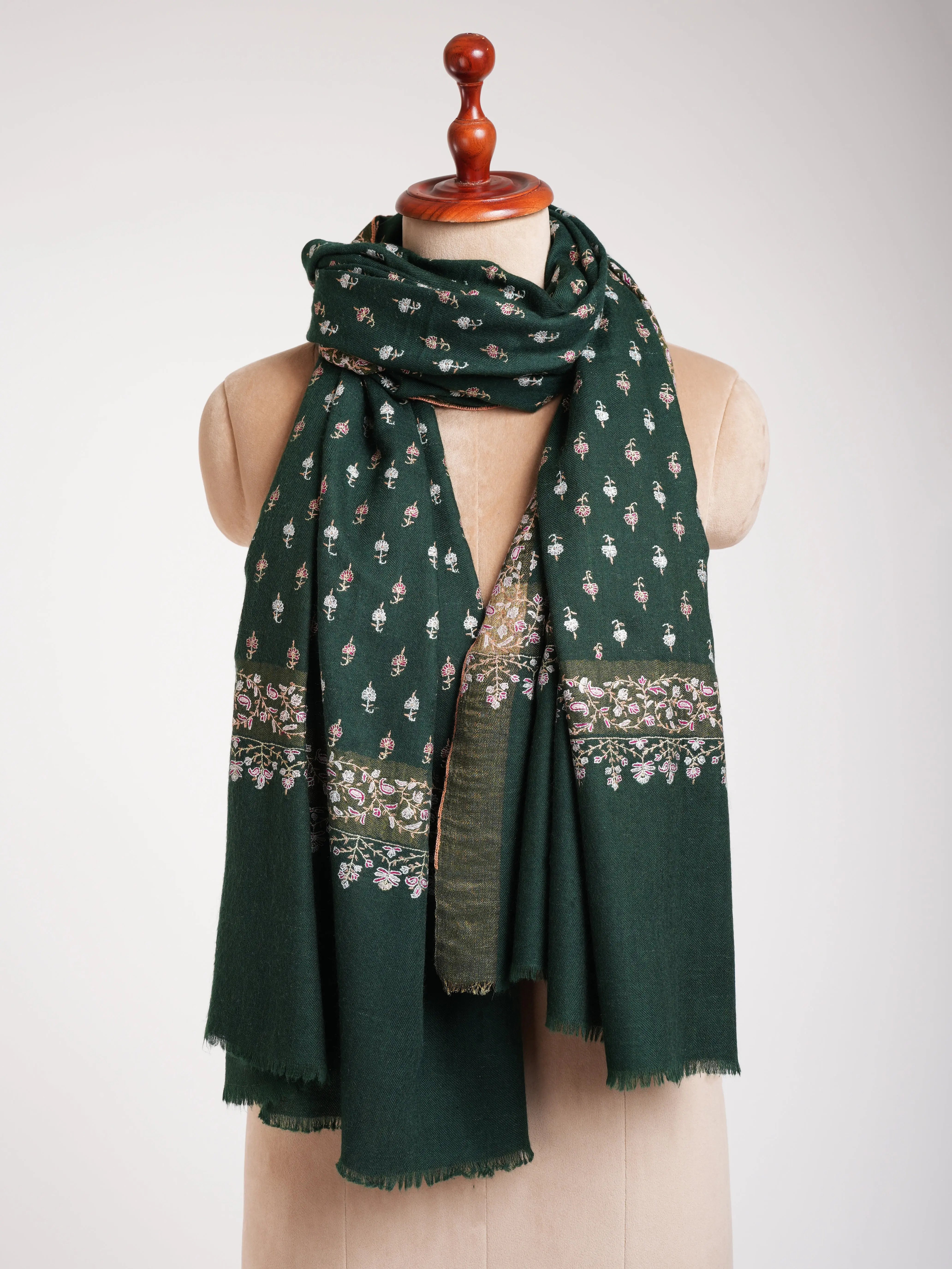 Dark Green Embroidered Pure Handmade Pashmina Shawl Shahkaar