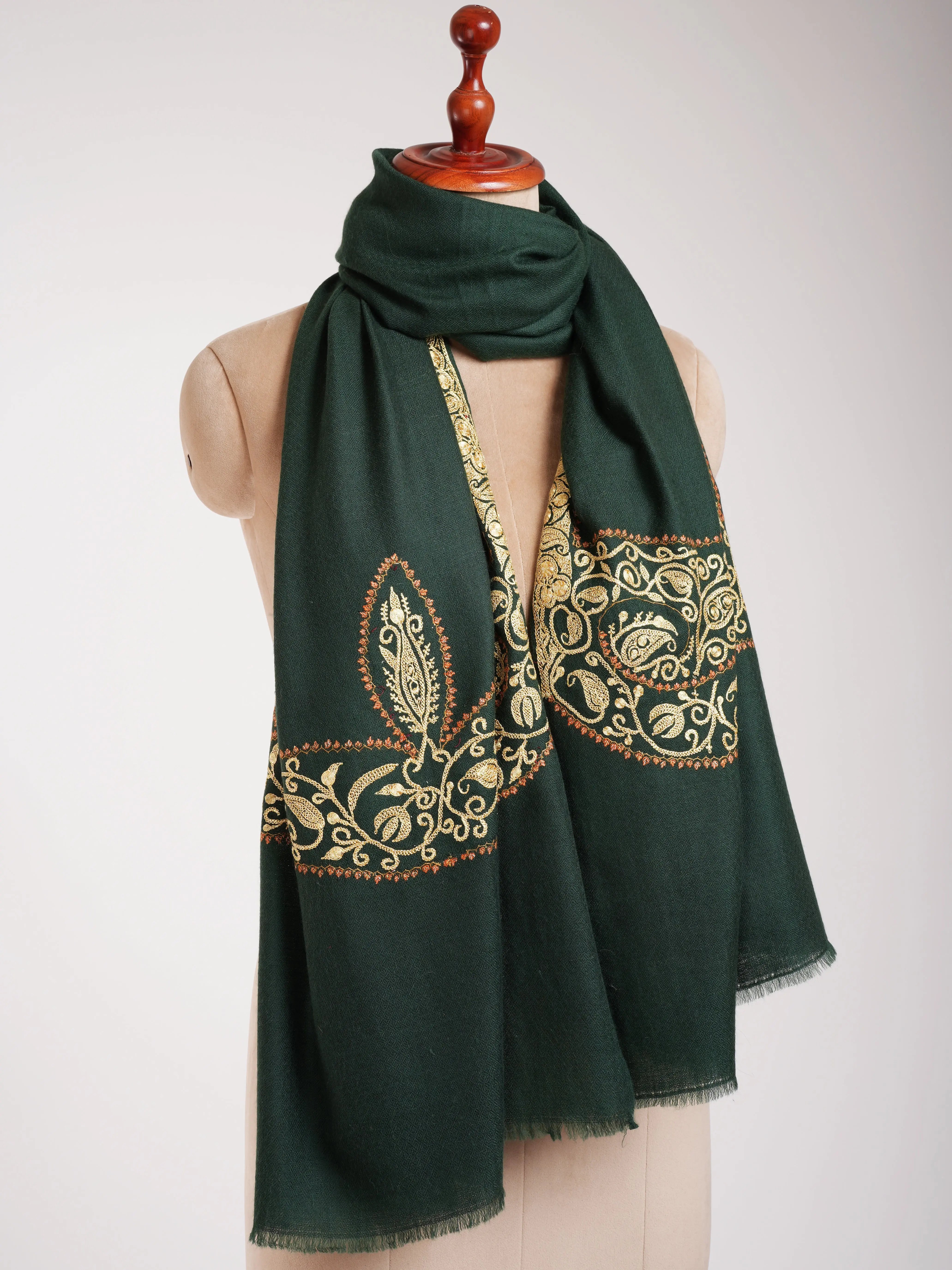 Dark Green Pashmina Shawl with Hand Tillawork Embroidery Shahkaar