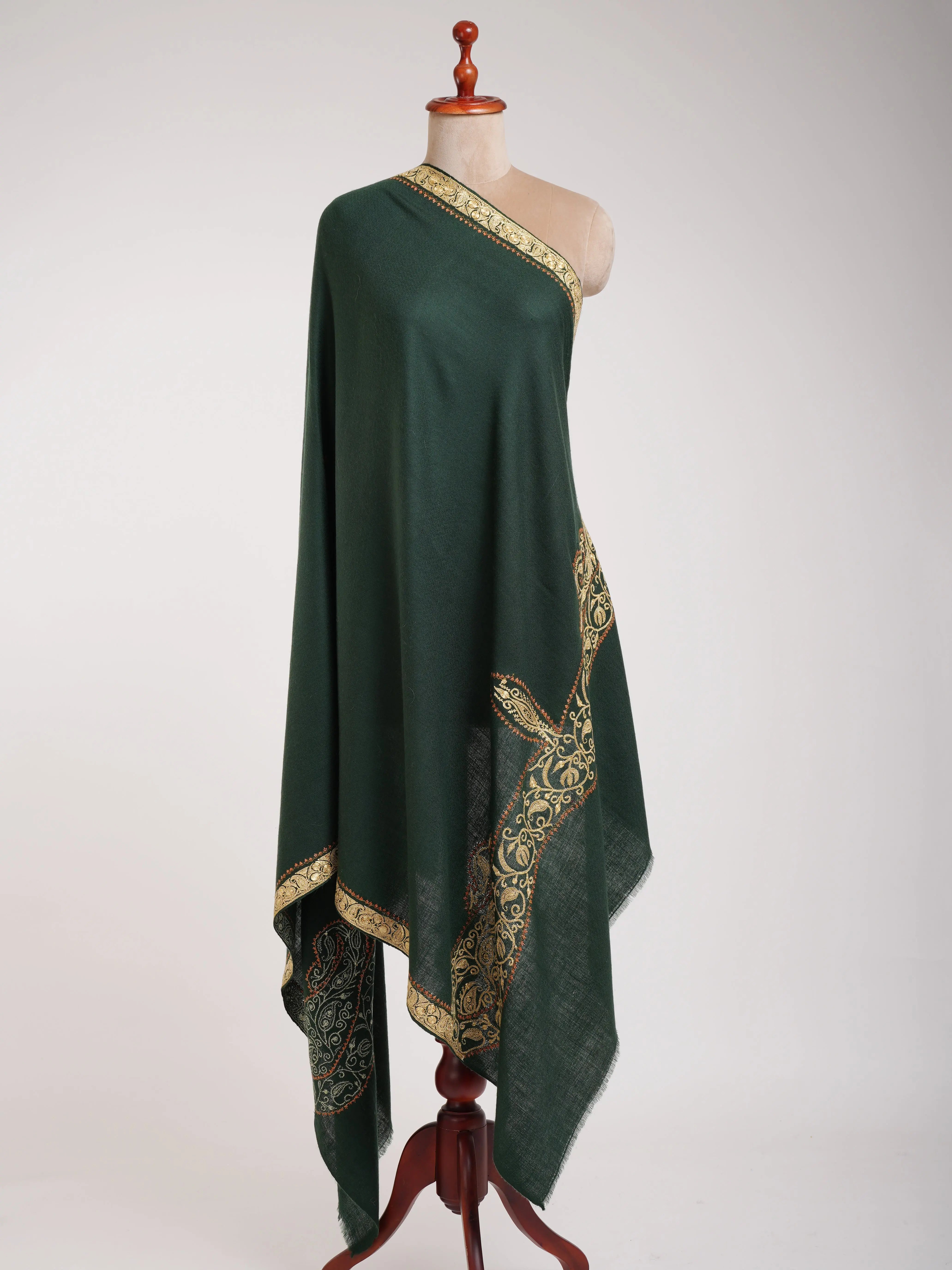 Dark Green Pashmina Shawl with Hand Tillawork Embroidery Shahkaar
