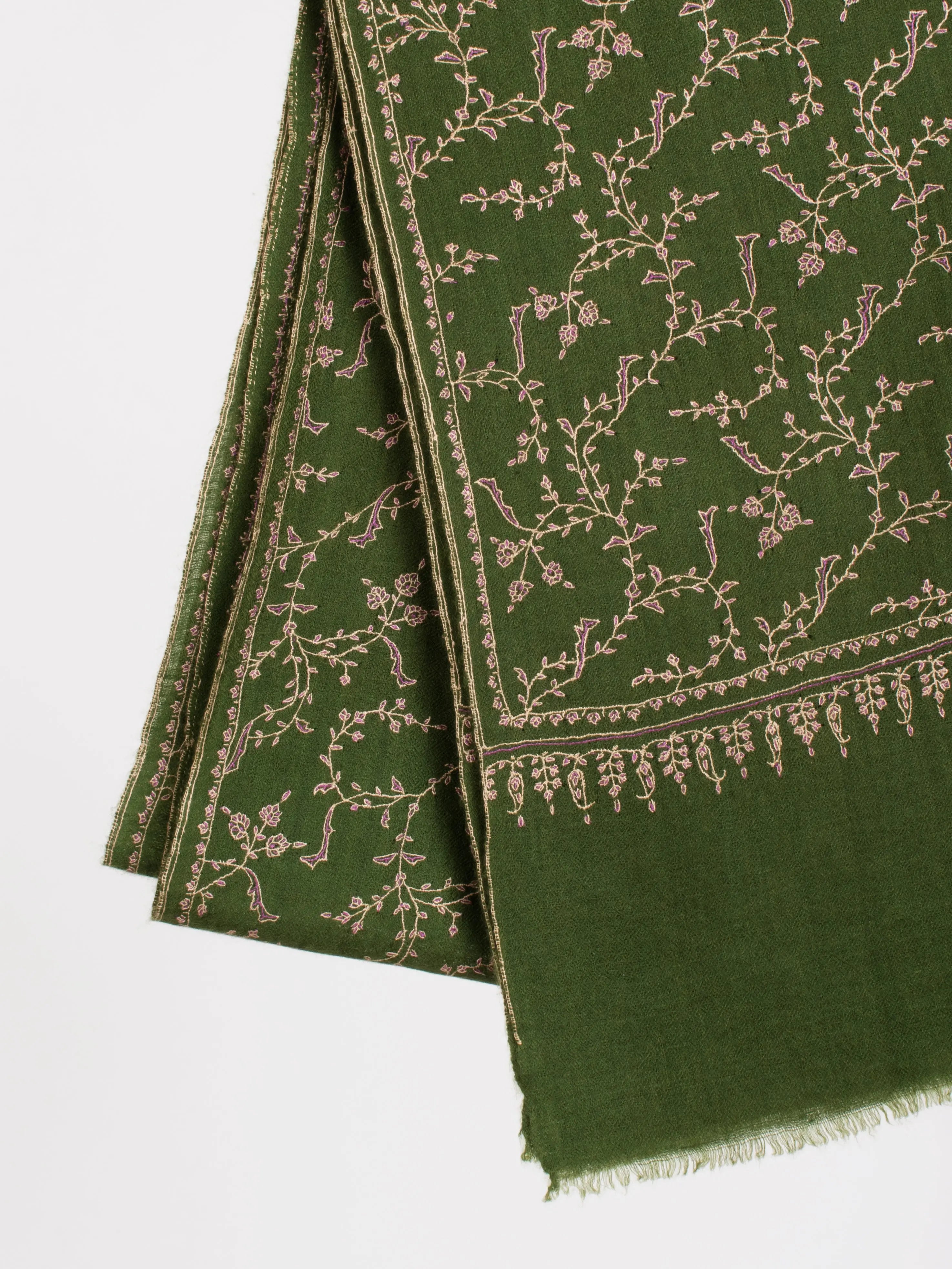 Dark Olive Sozni Embroidered Cashmere Gift Scarf Shahkaar