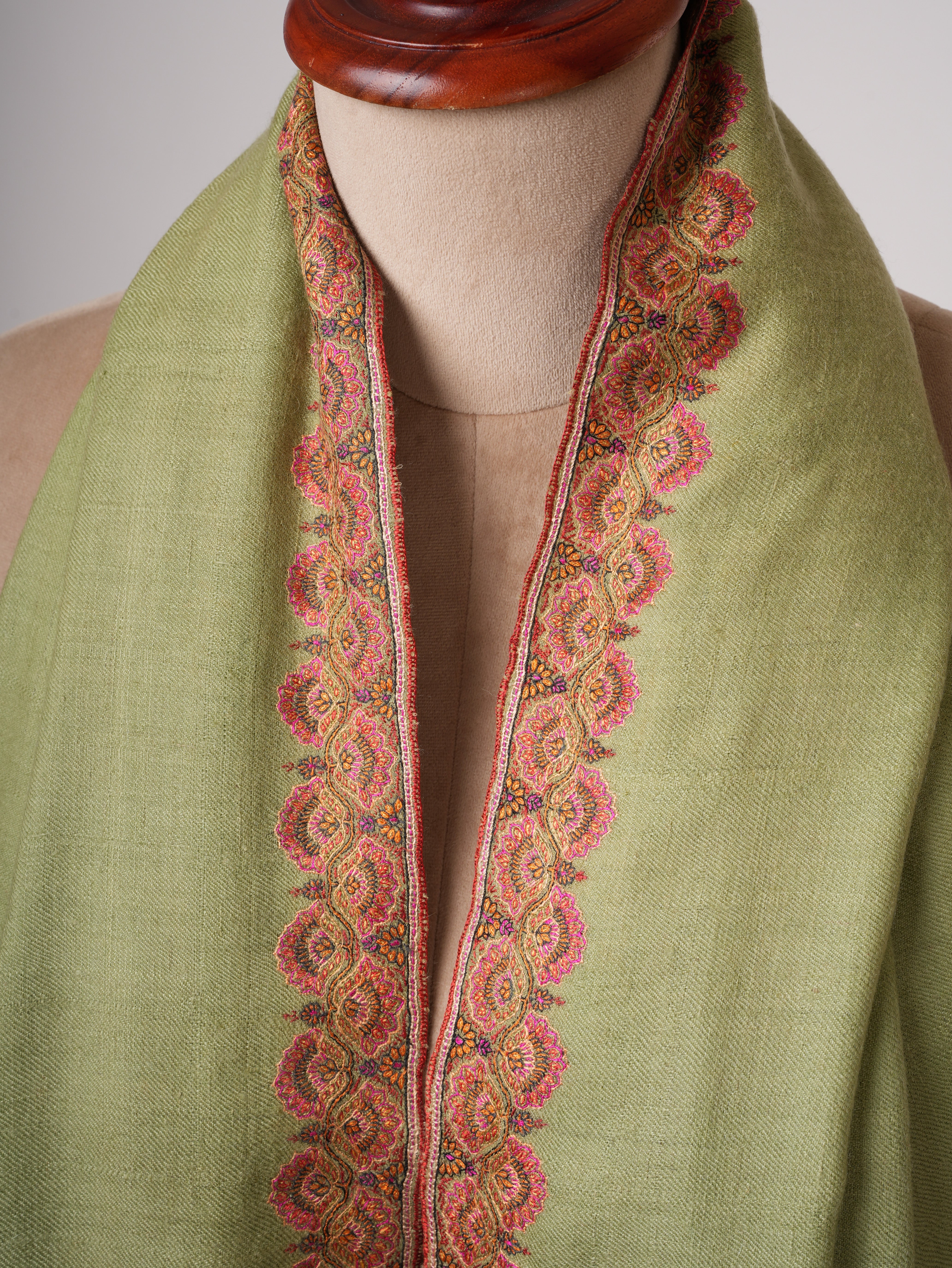 Olive Green Silken Embroidered Beautiful Cashmere Wrap - HELBYVILLE Shahkaar
