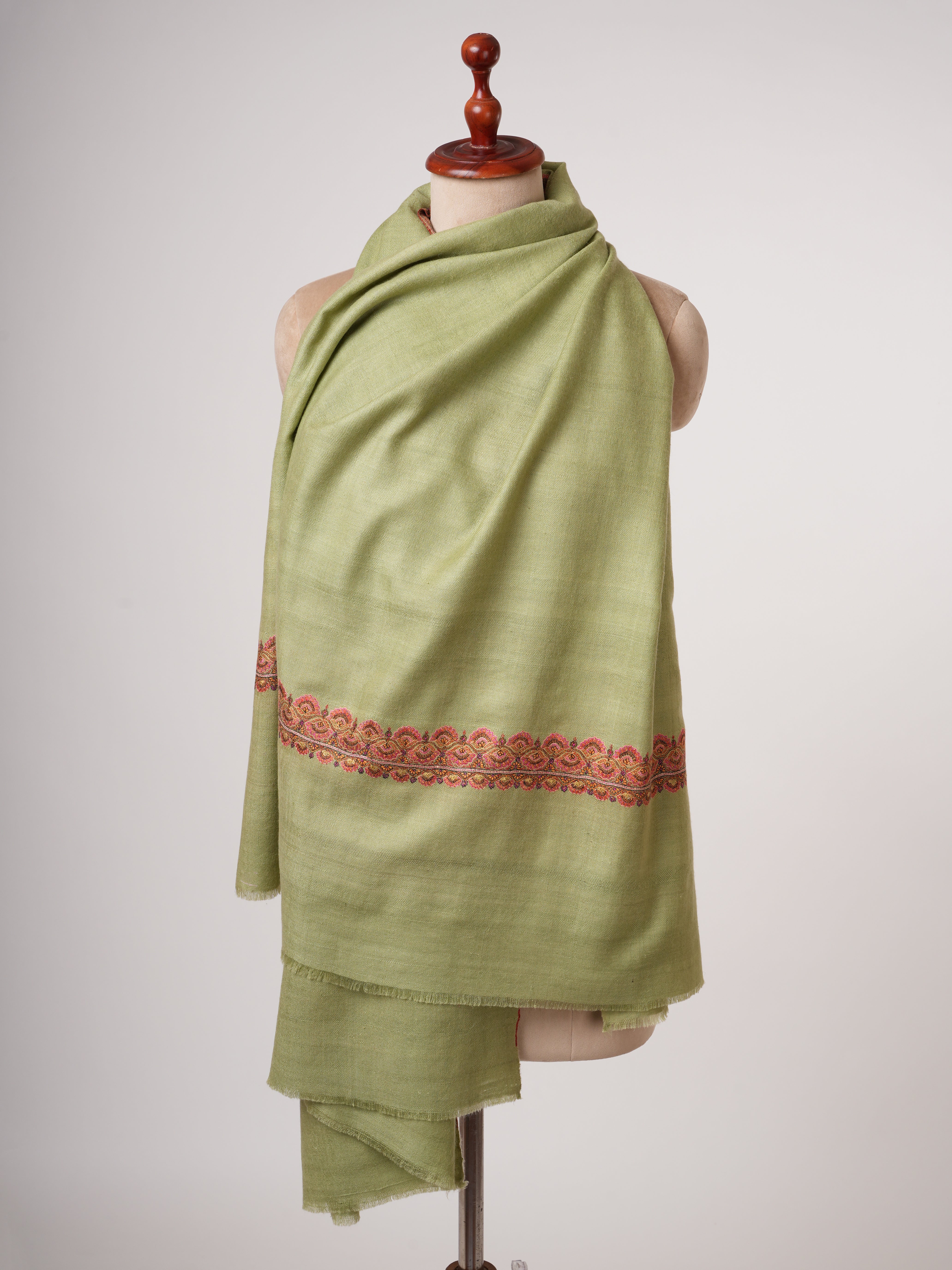 Olive Green Silken Embroidered Beautiful Cashmere Wrap - HELBYVILLE Shahkaar