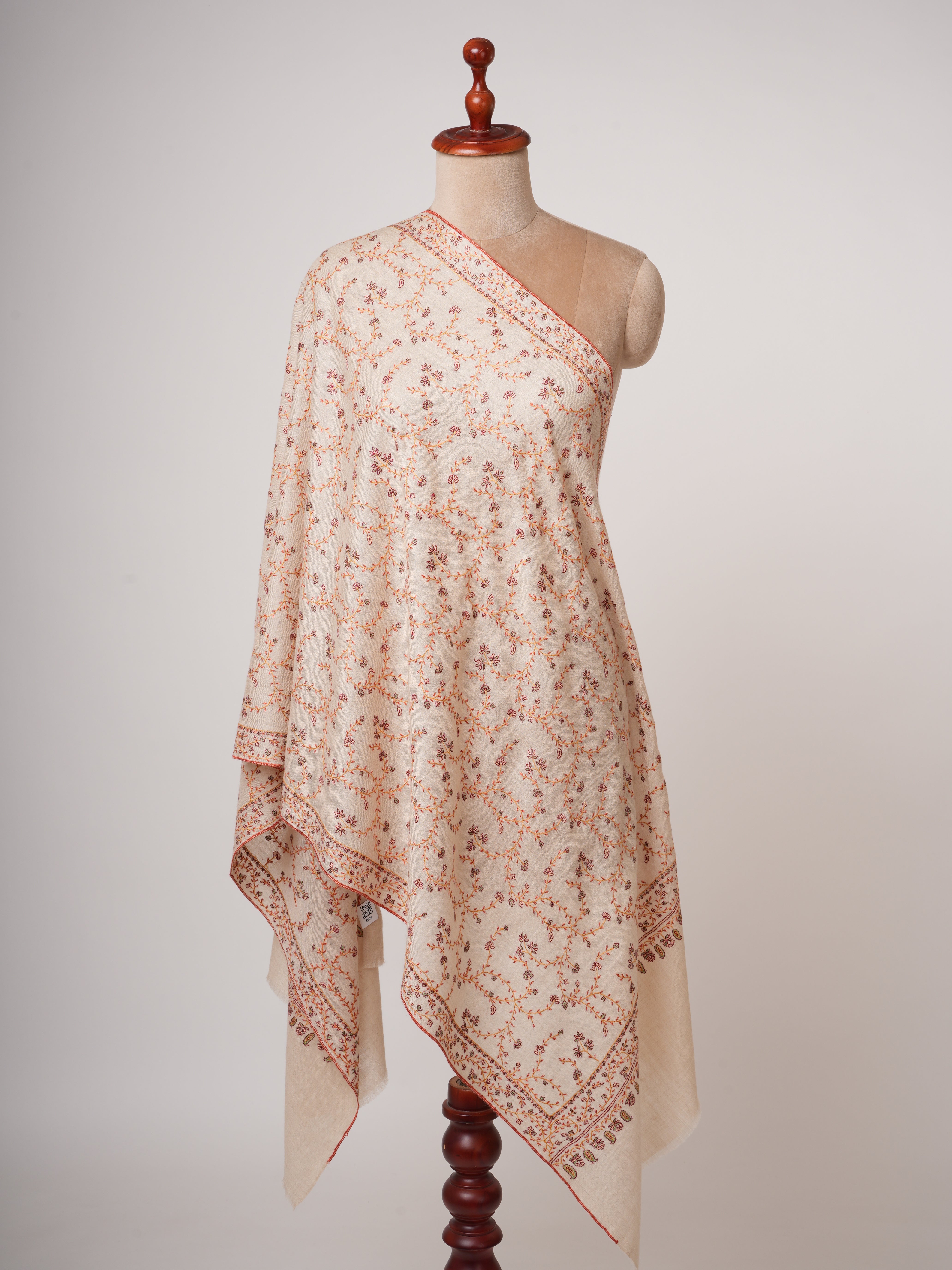 Offwhite Cashmere Scarf with All Over Hand Embroidery Shahkaar