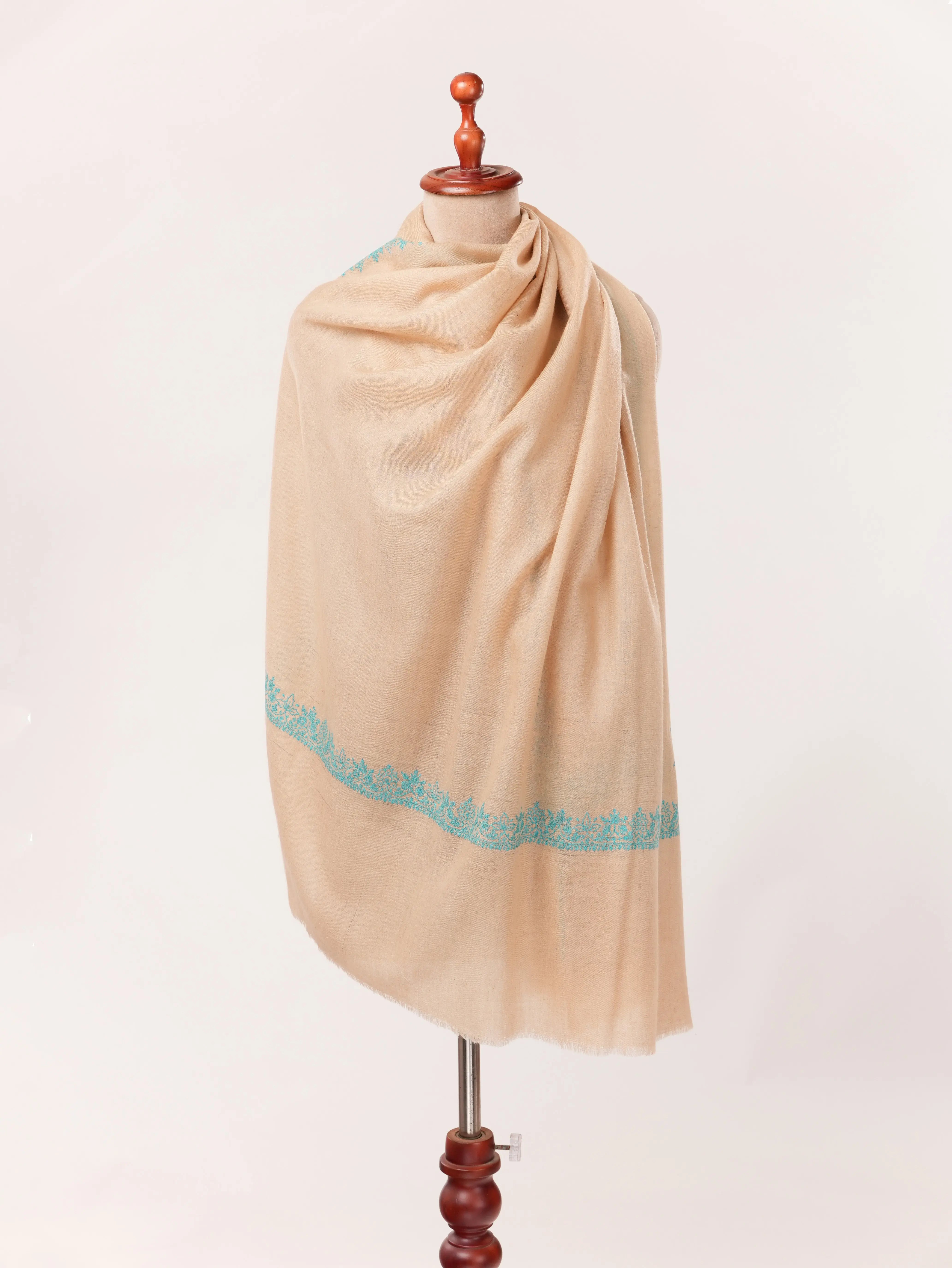 Kashmiri Handwoven Tan Pashmina Shawl with Neemdaur Hand Sozni Embroidery Shahkaar.com