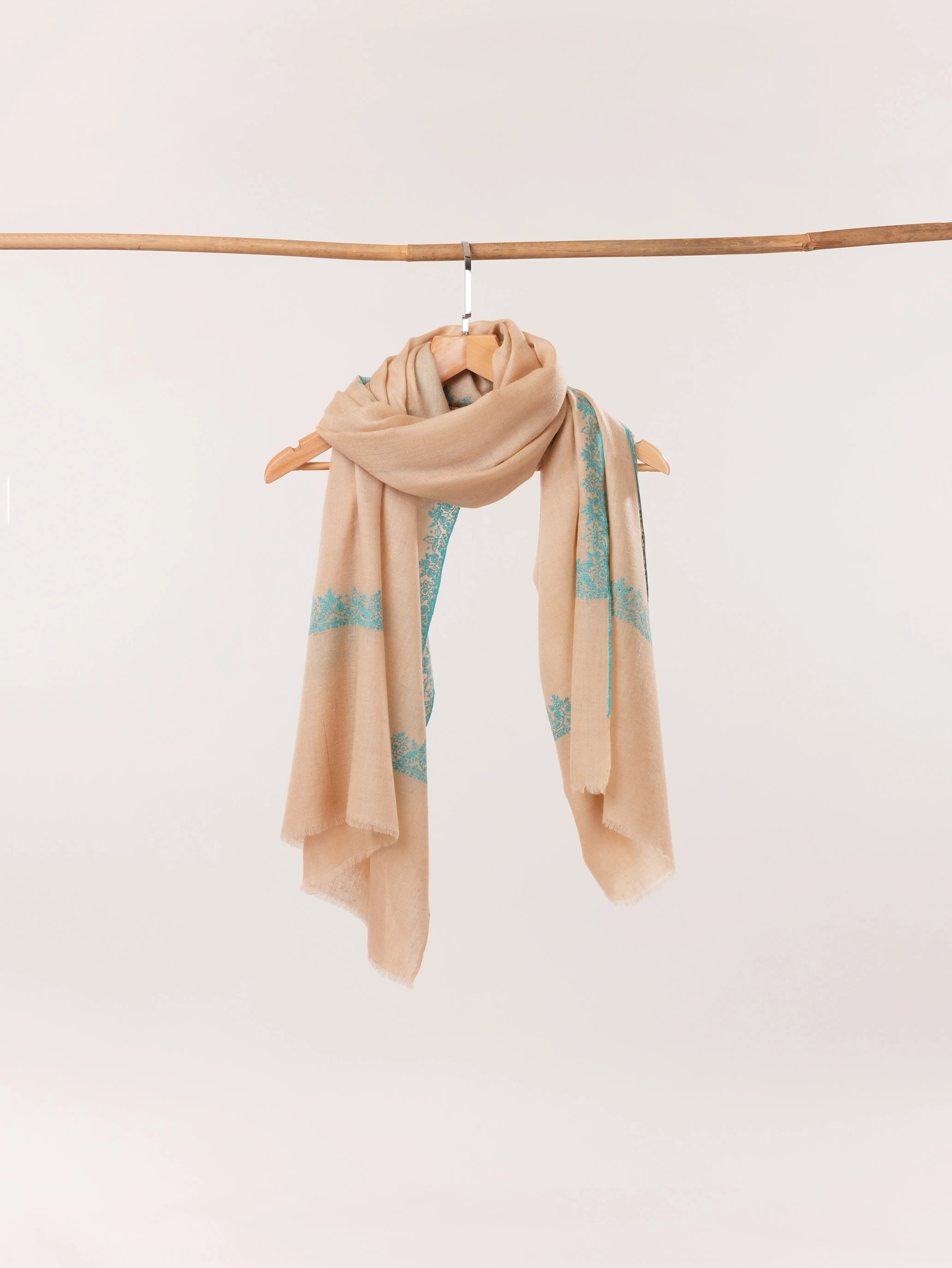 Kashmiri Handwoven Tan Pashmina Shawl with Neemdaur Hand Sozni Embroidery Shahkaar.com