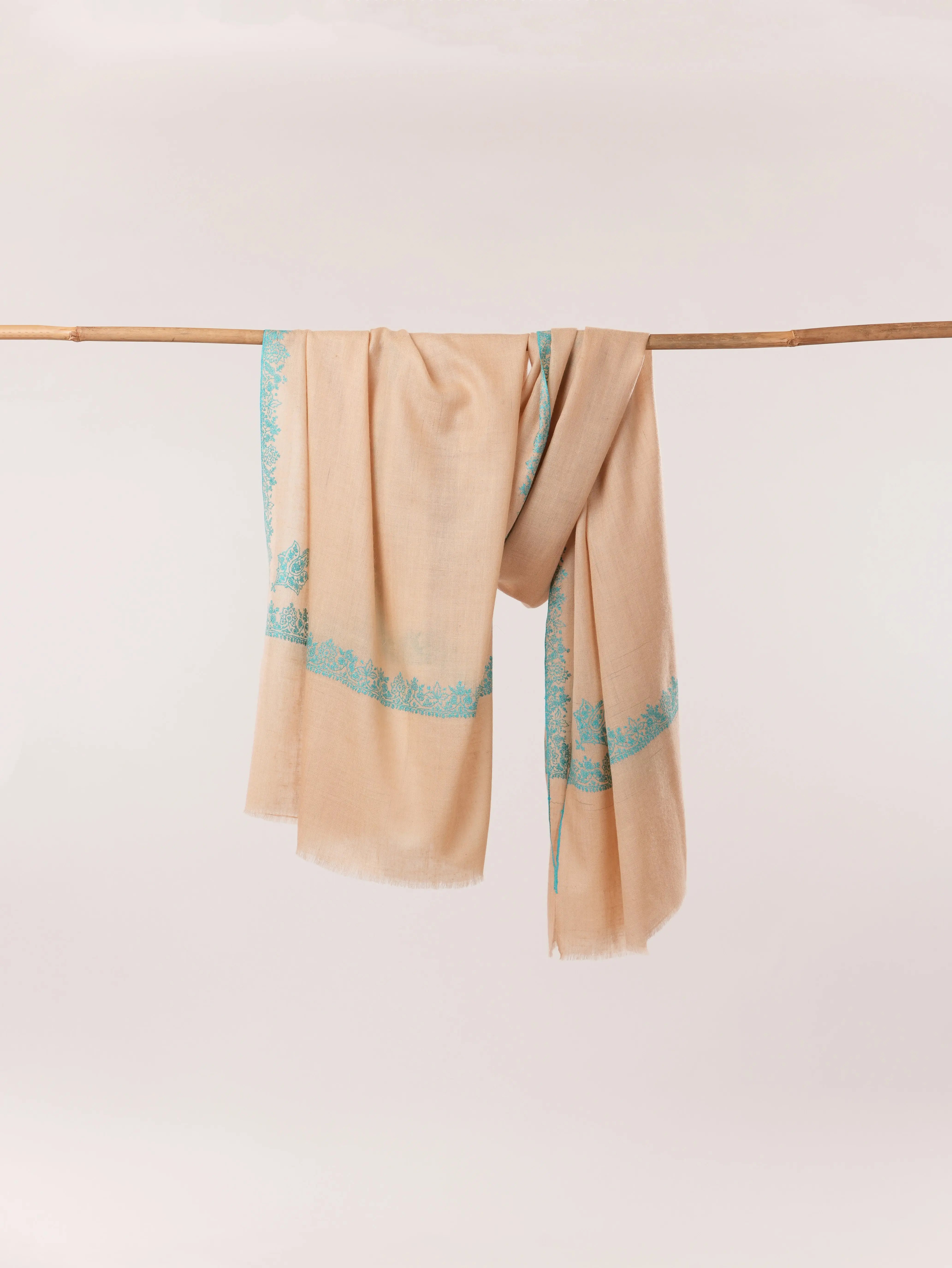 Kashmiri Handwoven Tan Pashmina Shawl with Neemdaur Hand Sozni Embroidery Shahkaar.com