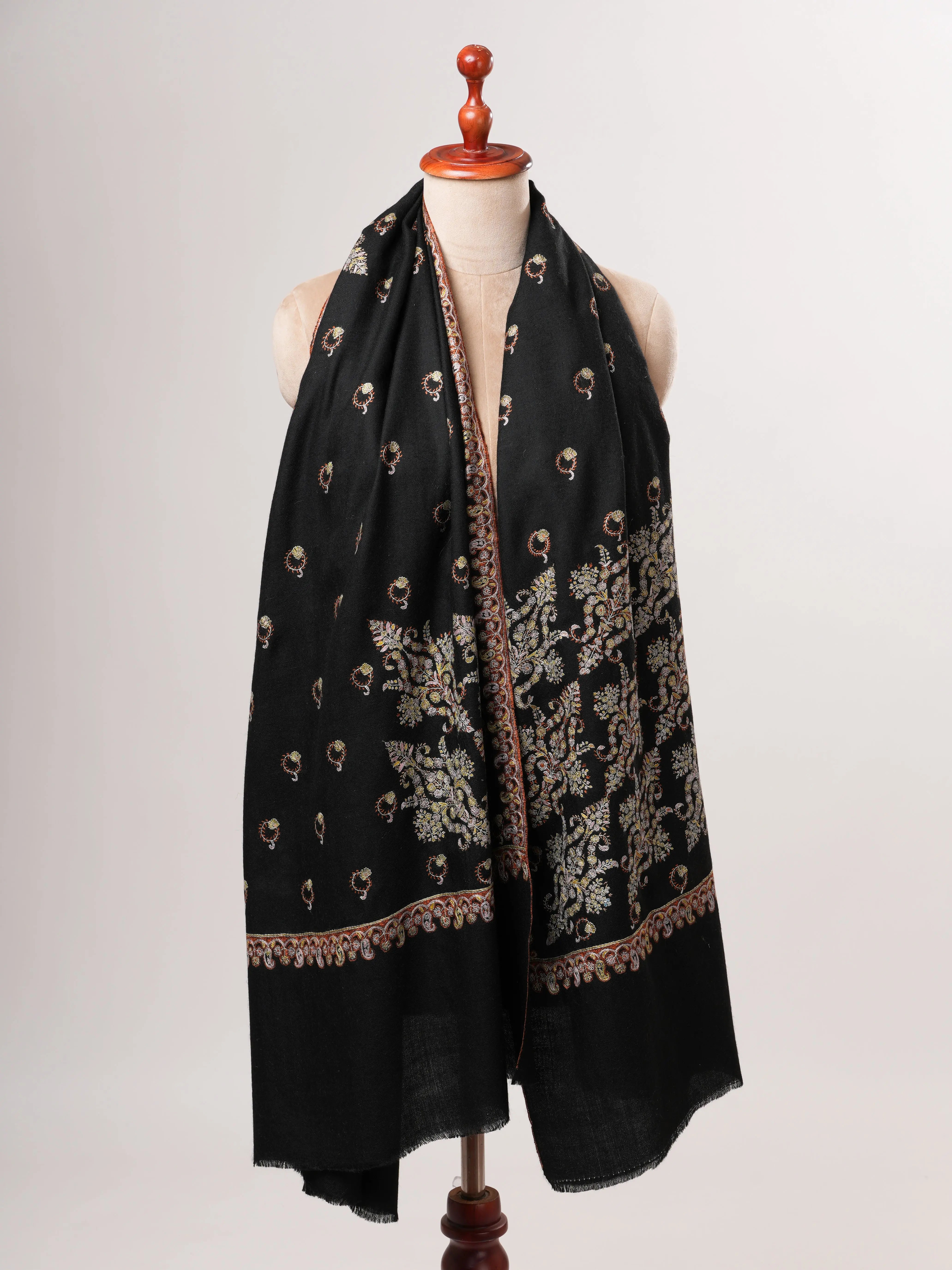 Black Sozni Embroidered Authentic Pashmina Shawl Shahkaar