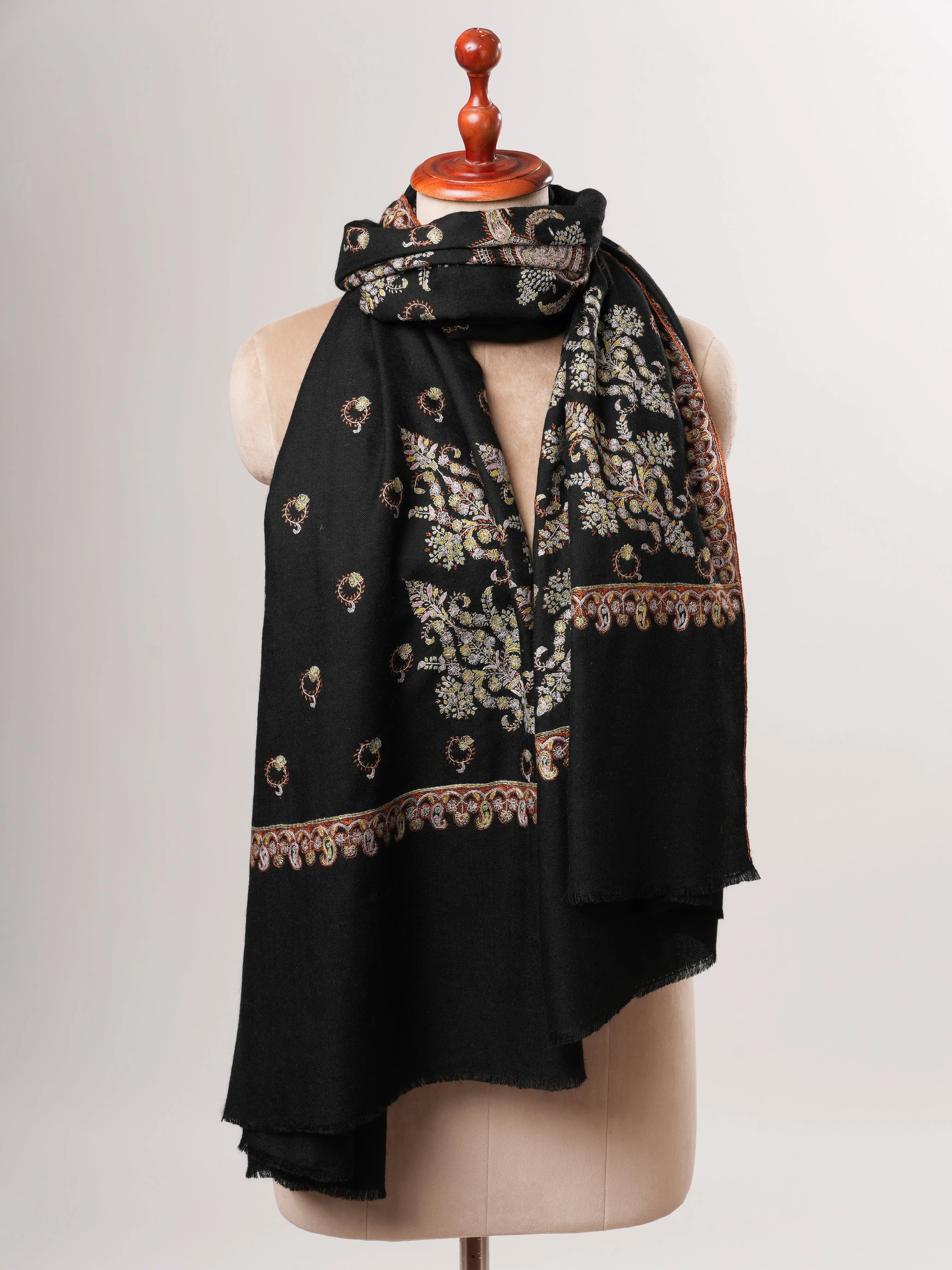 Black Sozni Embroidered Authentic Pashmina Shawl Shahkaar
