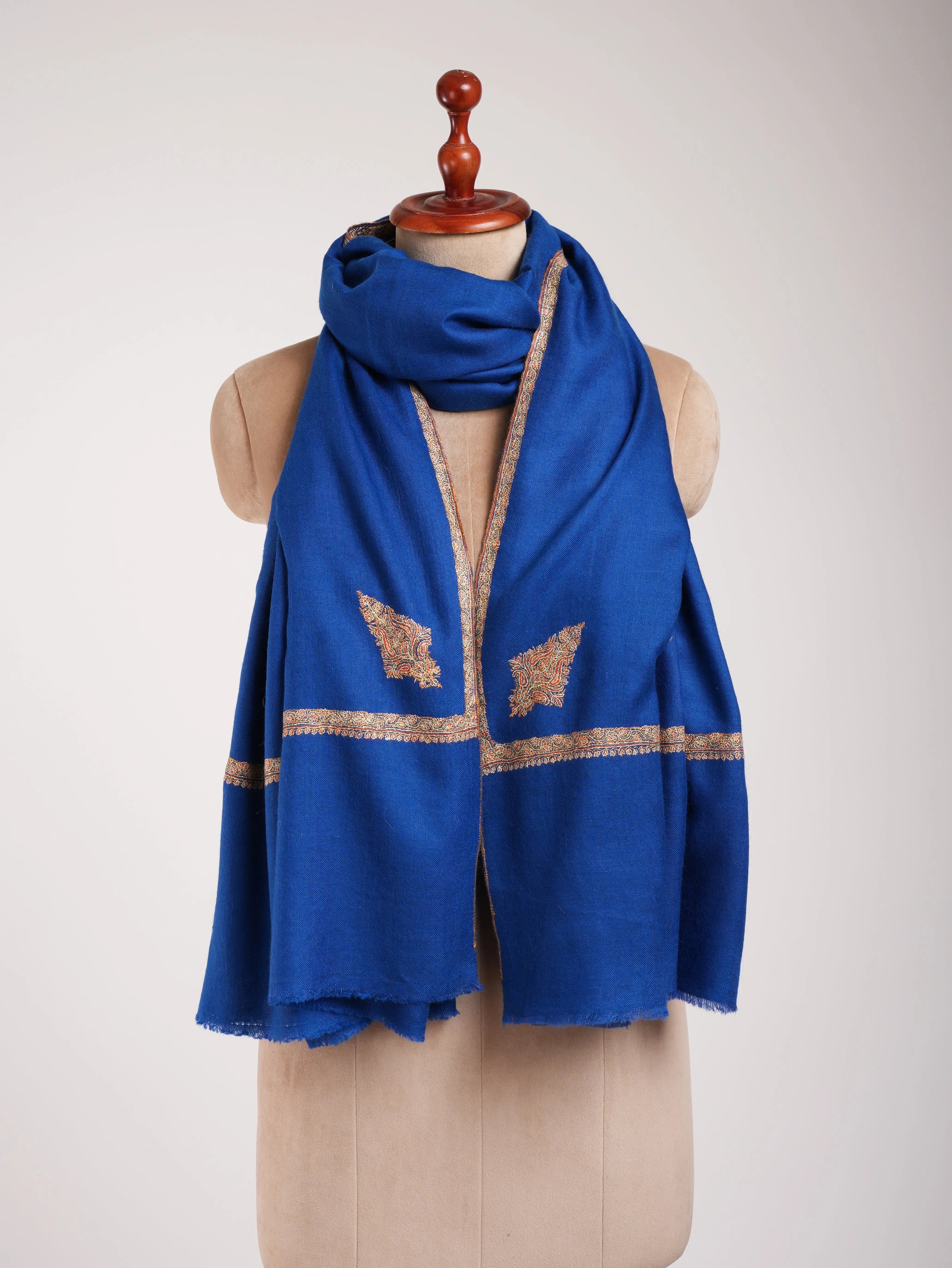 Egyptian Blue Hashia Sozni Embroidered Kashmiri Pashmina Shawl Shahkaar