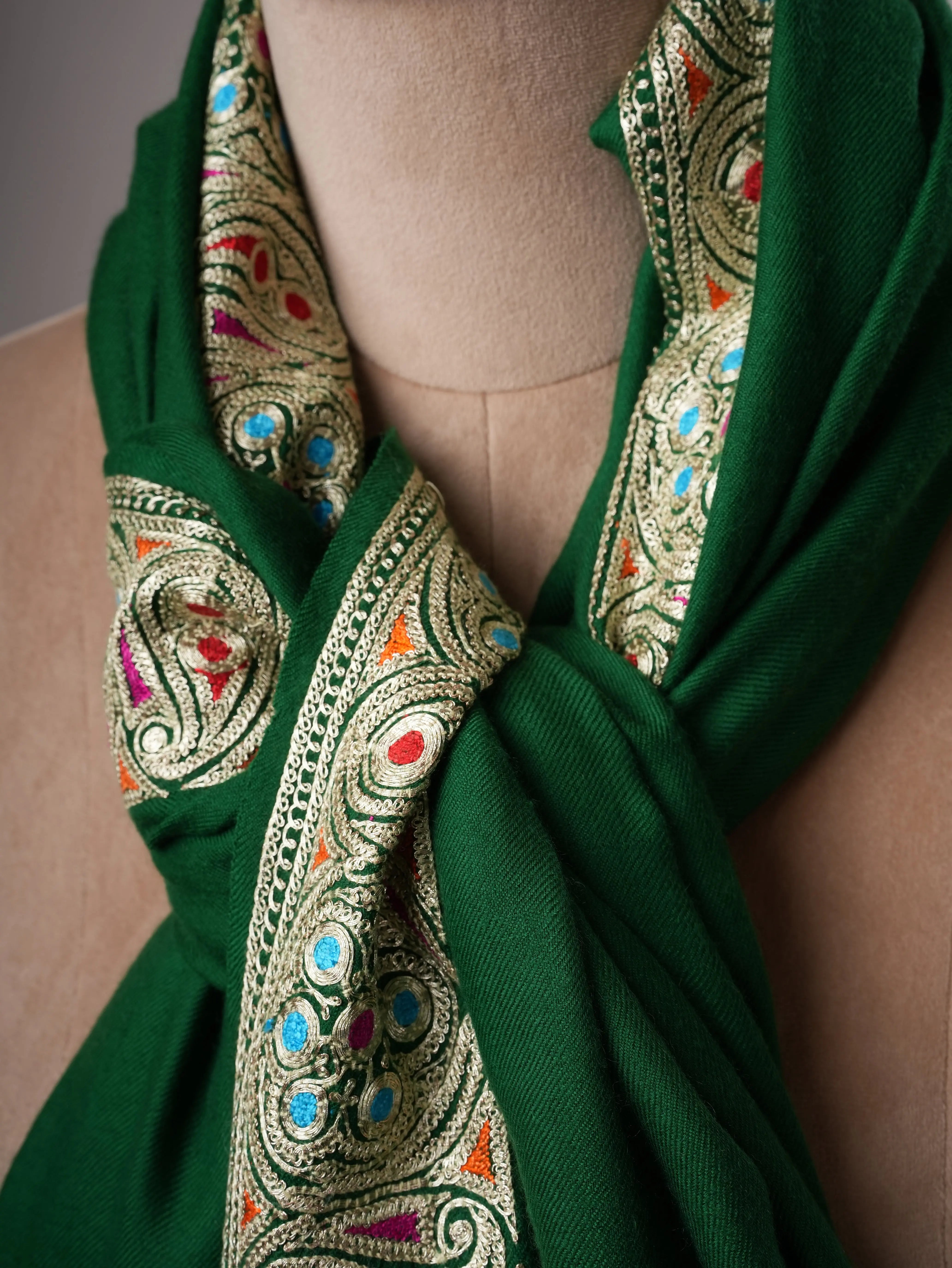 Emerald Green Pashmina Shawl with Watergold Tilla Embroidery and Sozni Shahkaar