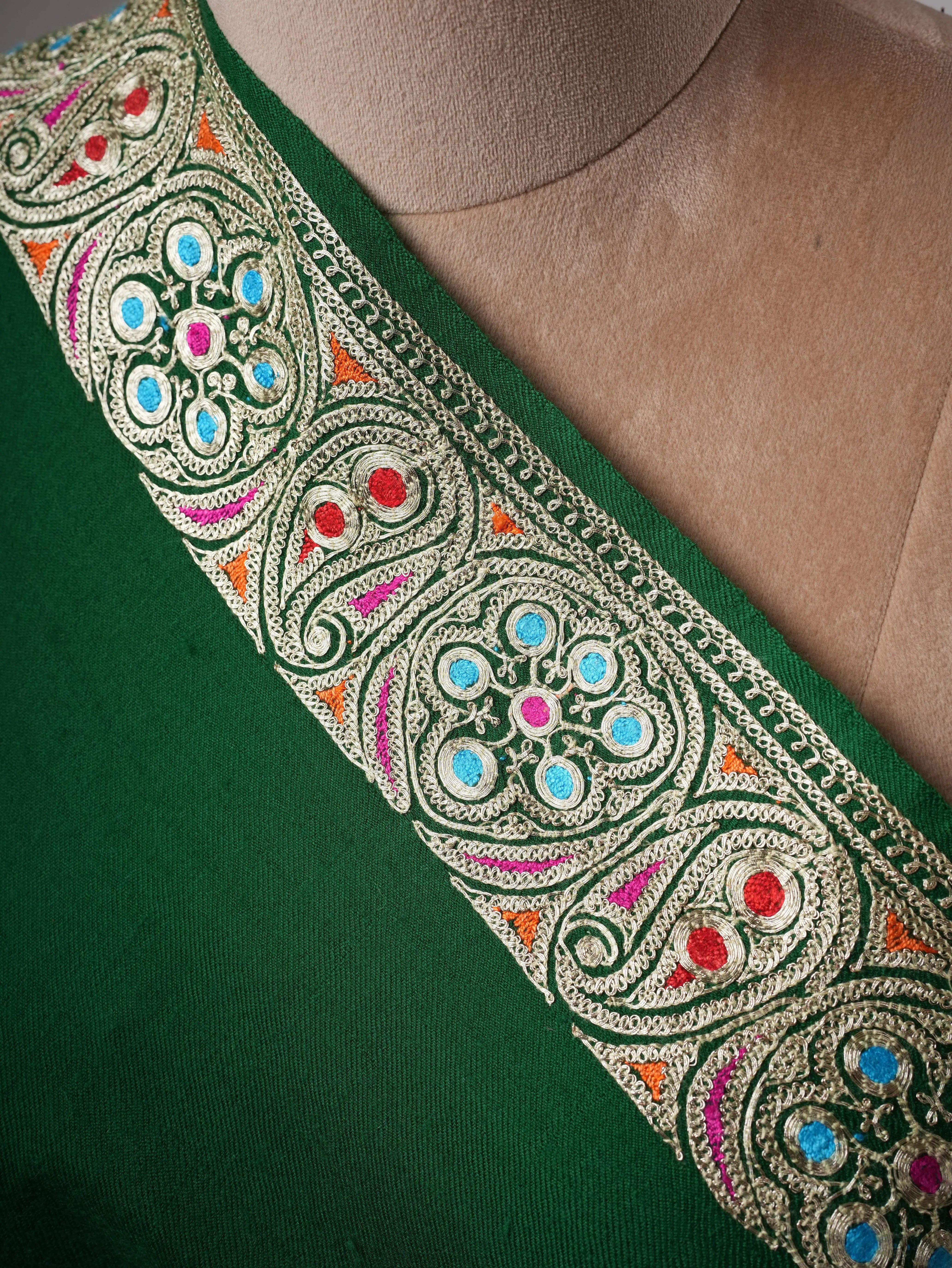 Emerald Green Pashmina Shawl with Watergold Tilla Embroidery and Sozni Shahkaar
