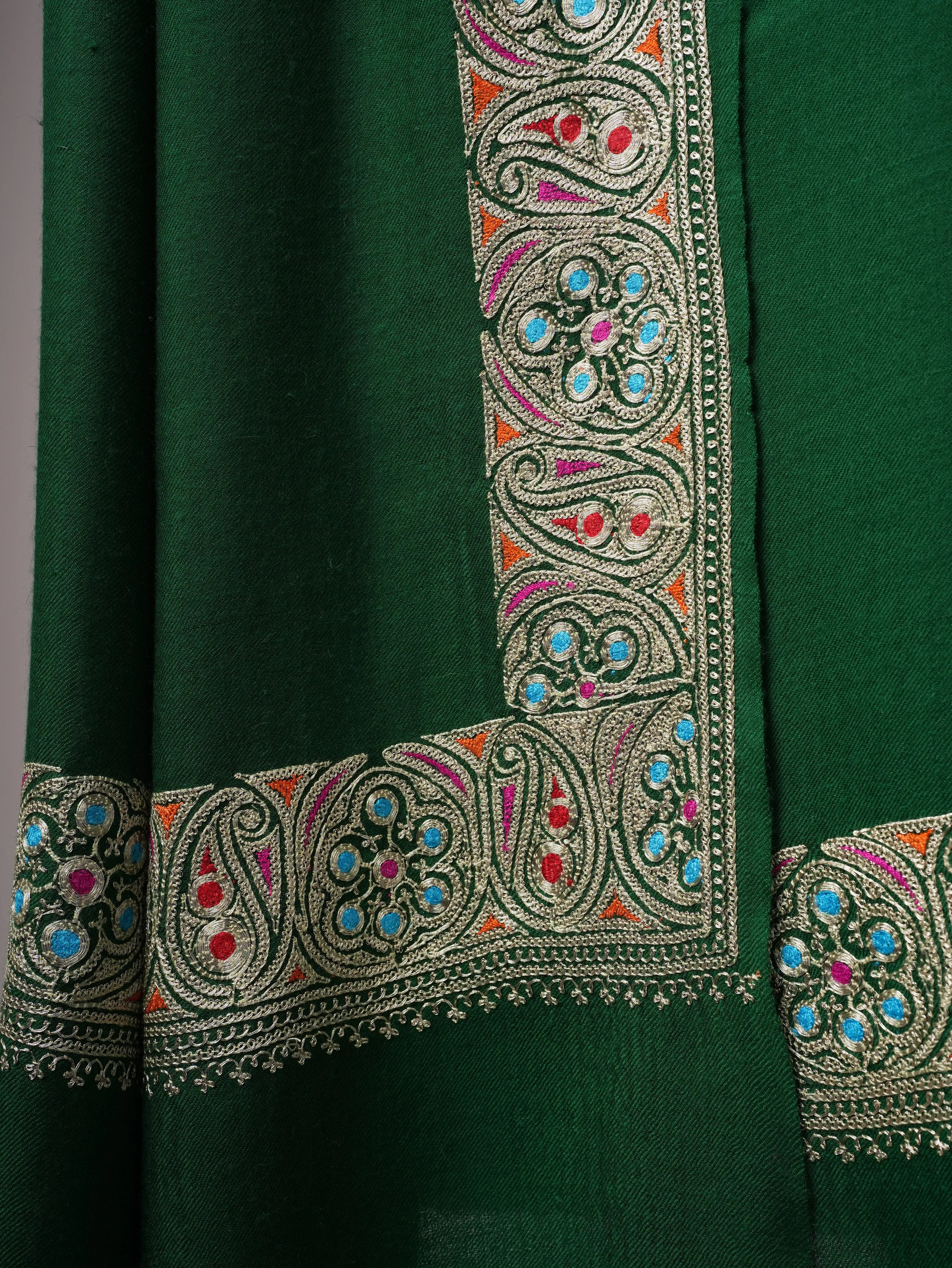 Emerald Green Pashmina Shawl with Watergold Tilla Embroidery and Sozni Shahkaar