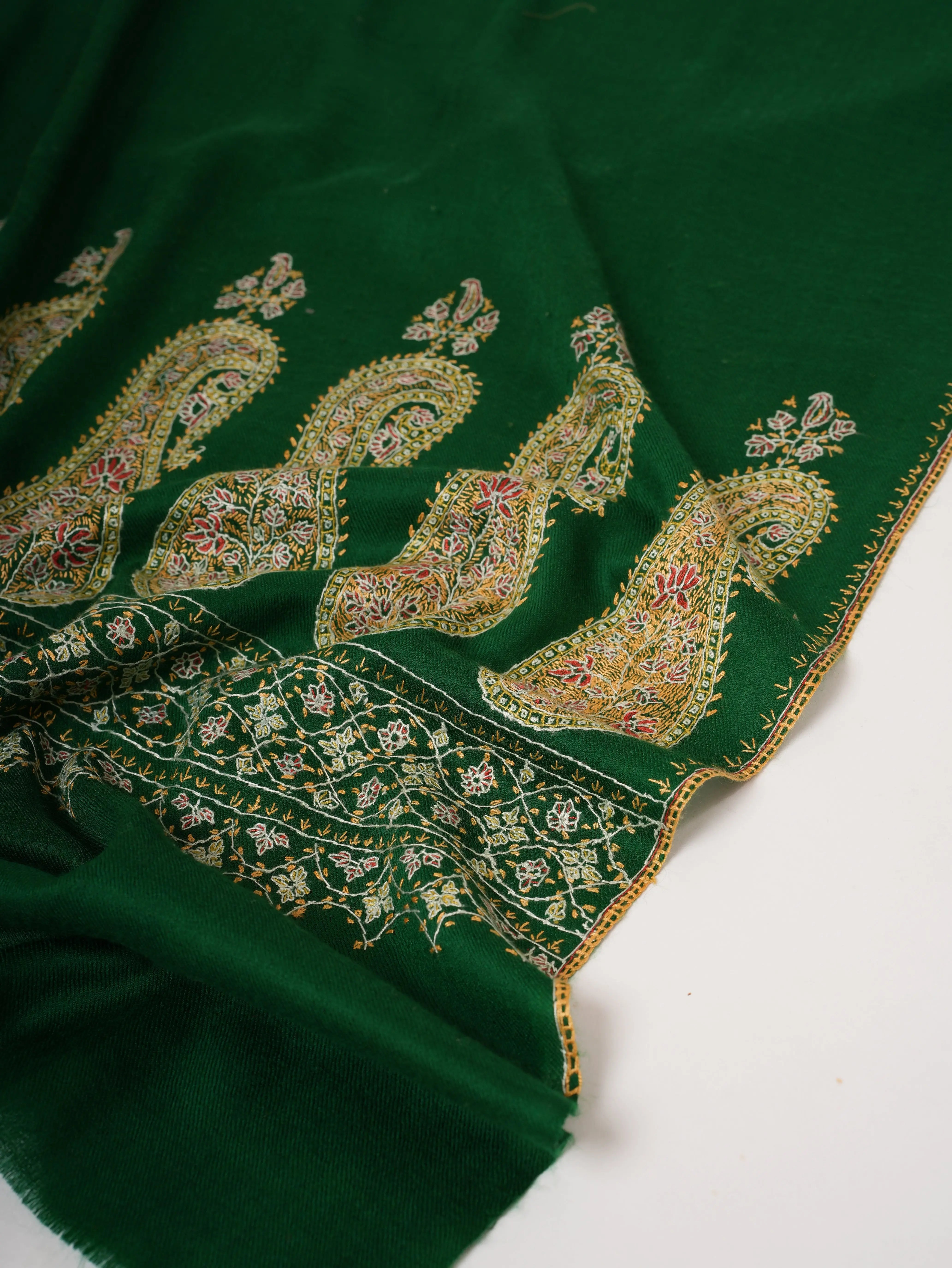 Emerald Green Silk Wool Scarf with Palla Embroidery Shahkaar