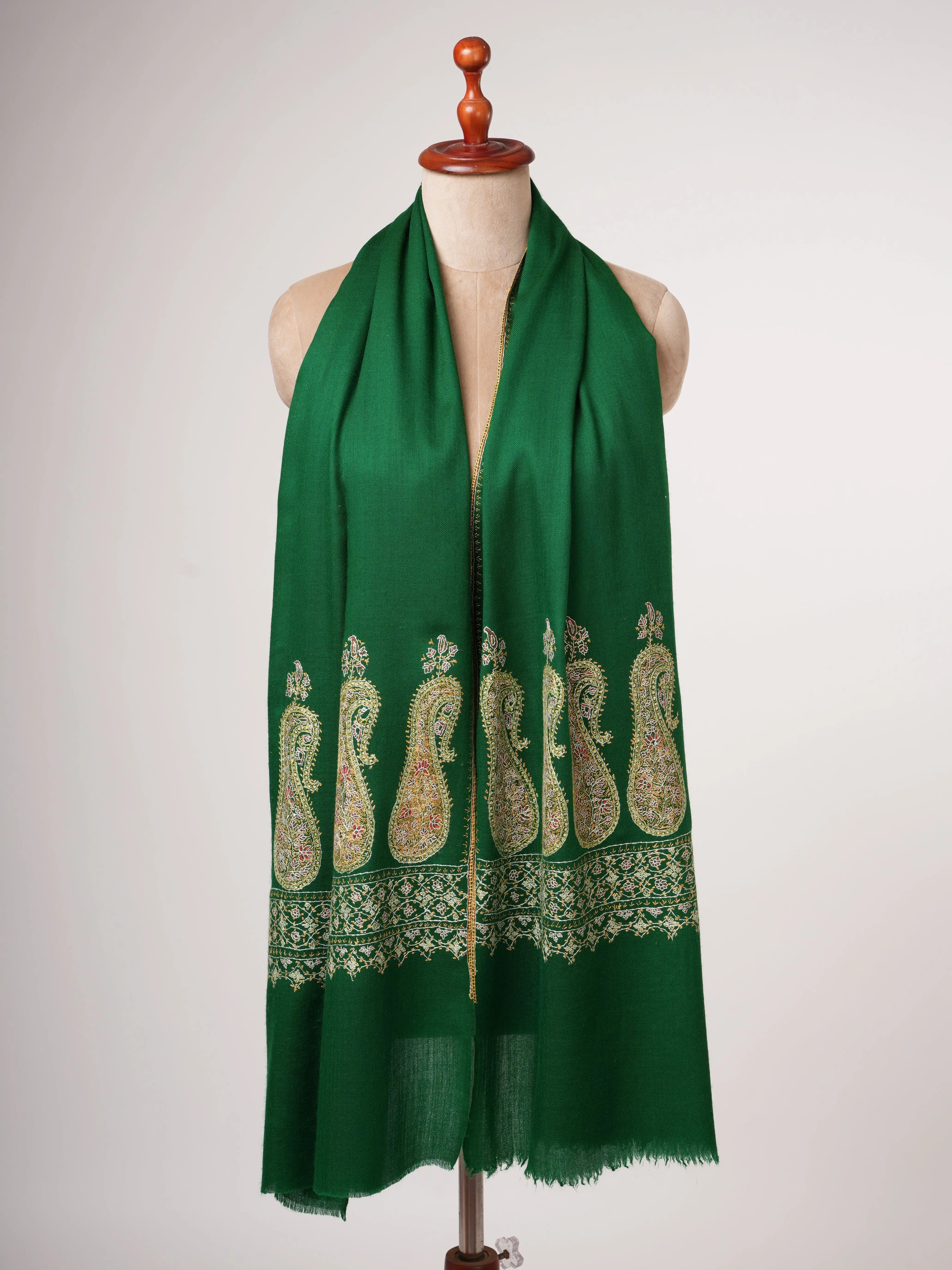 Emerald Green Silk Wool Scarf with Palla Embroidery Shahkaar