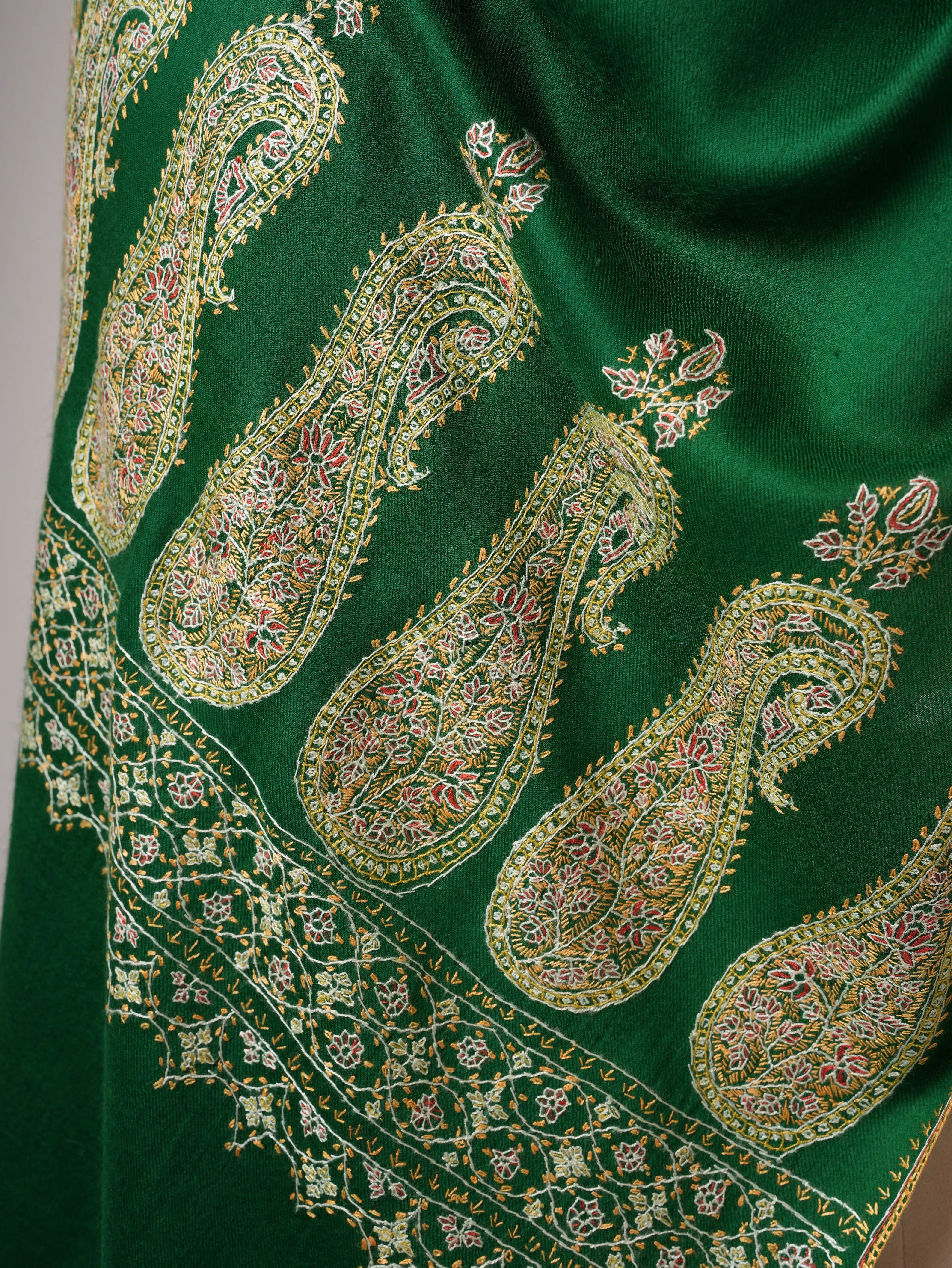 Emerald Green Silk Wool Scarf with Palla Embroidery Shahkaar