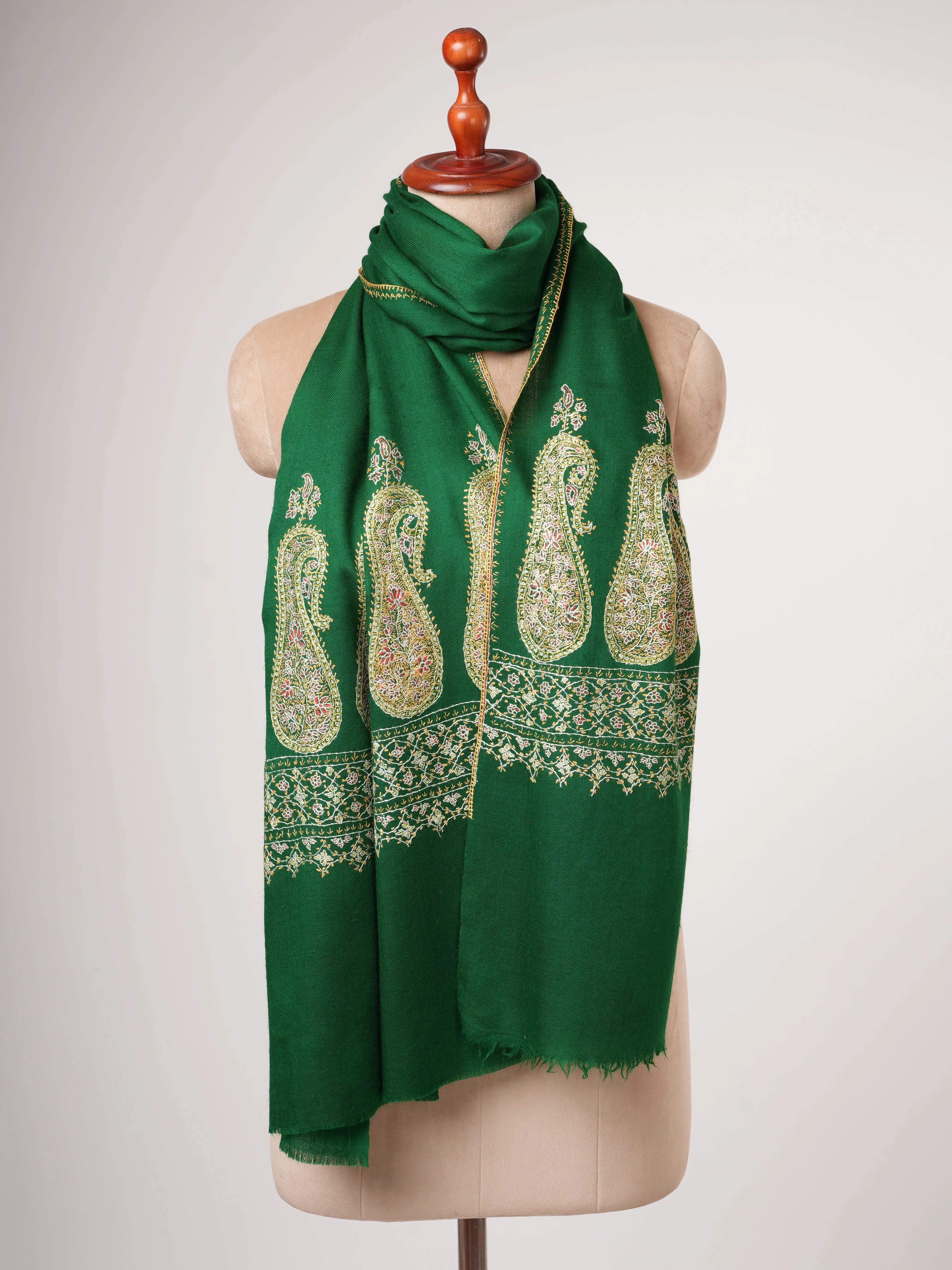 Emerald Green Silk Wool Scarf with Palla Embroidery Shahkaar