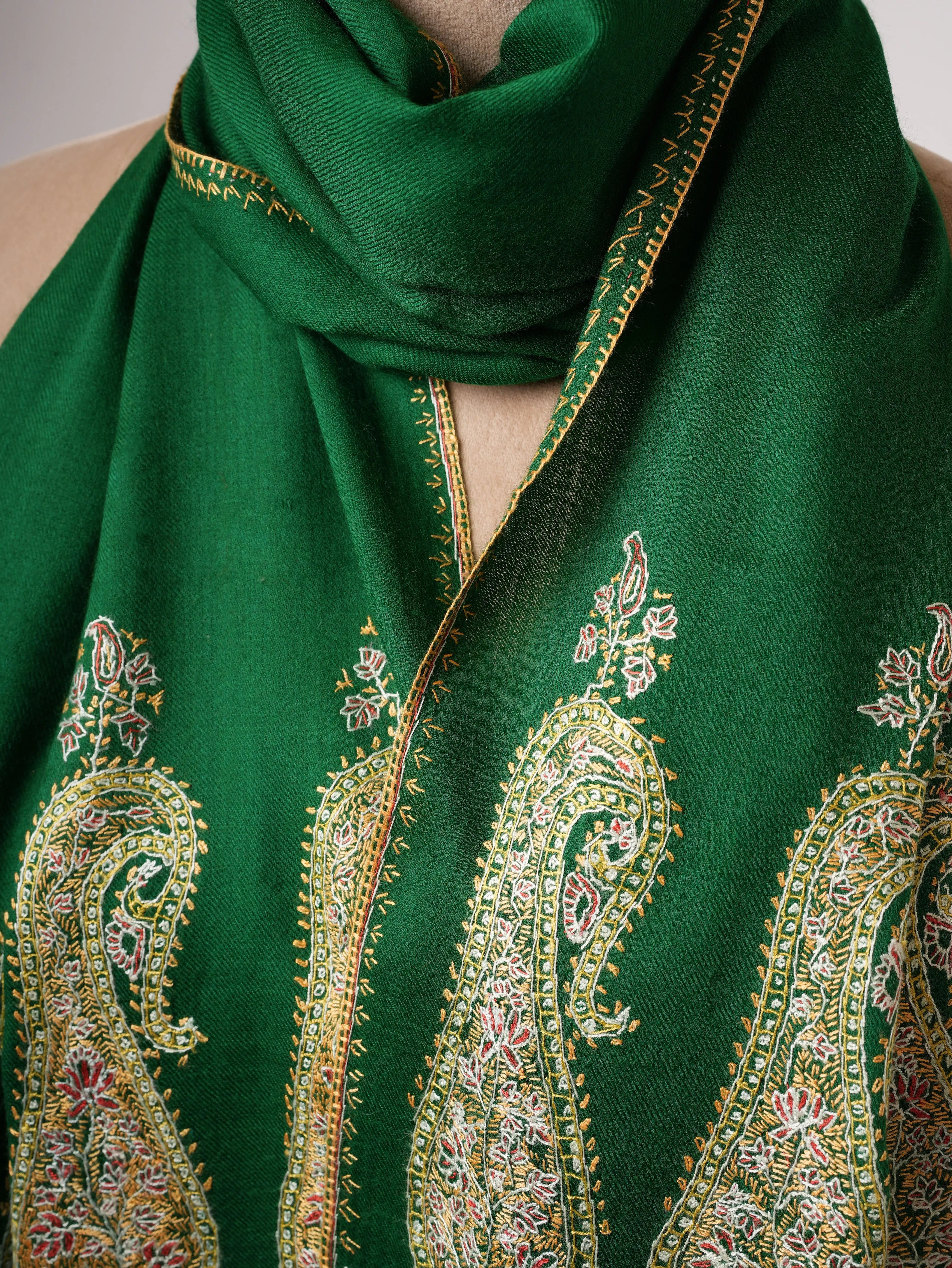 Emerald Green Silk Wool Scarf with Palla Embroidery Shahkaar