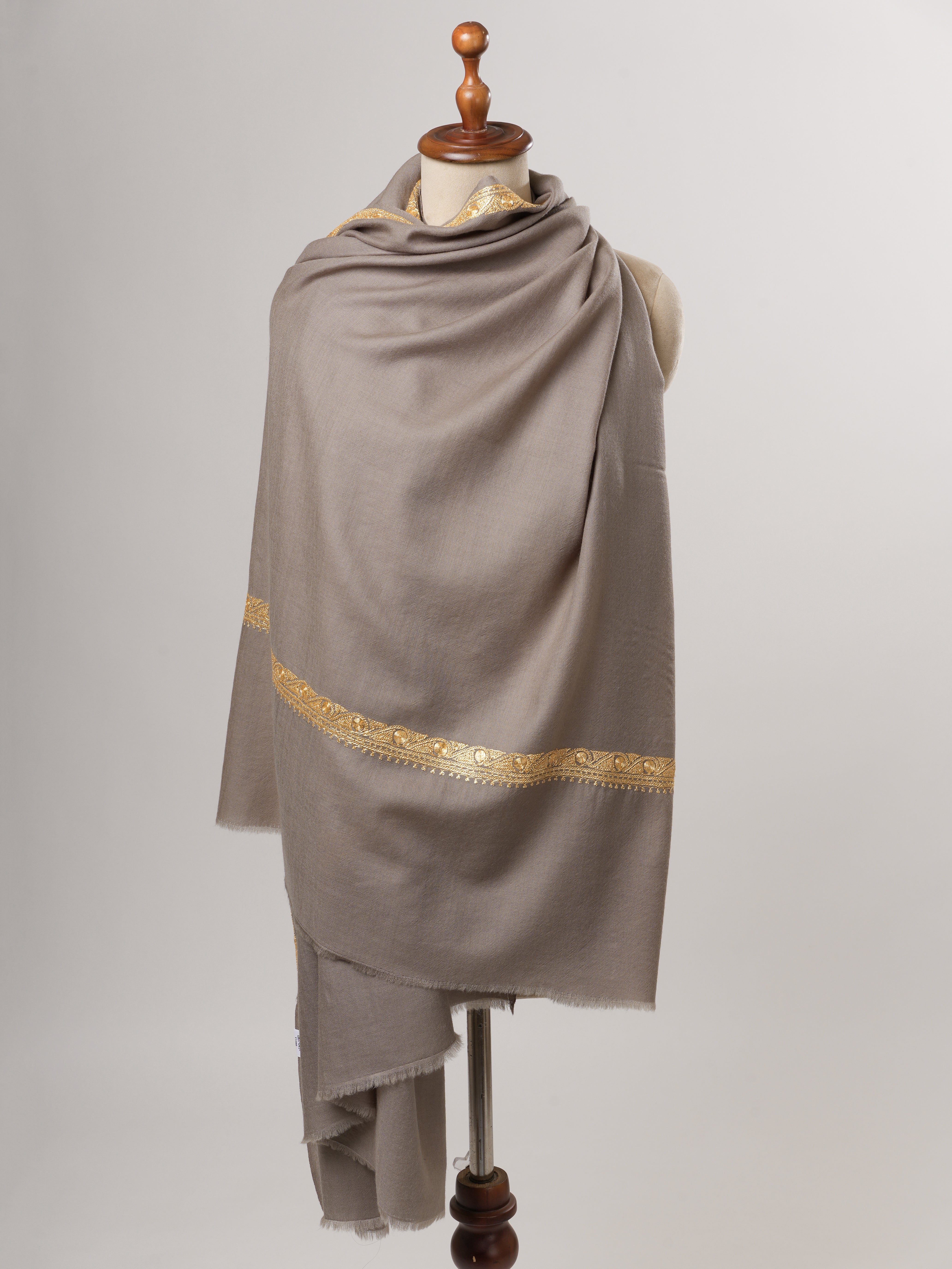 Fine Wool Grey Shawl with Hashia Hand Tilla Embroidery Shahkaar