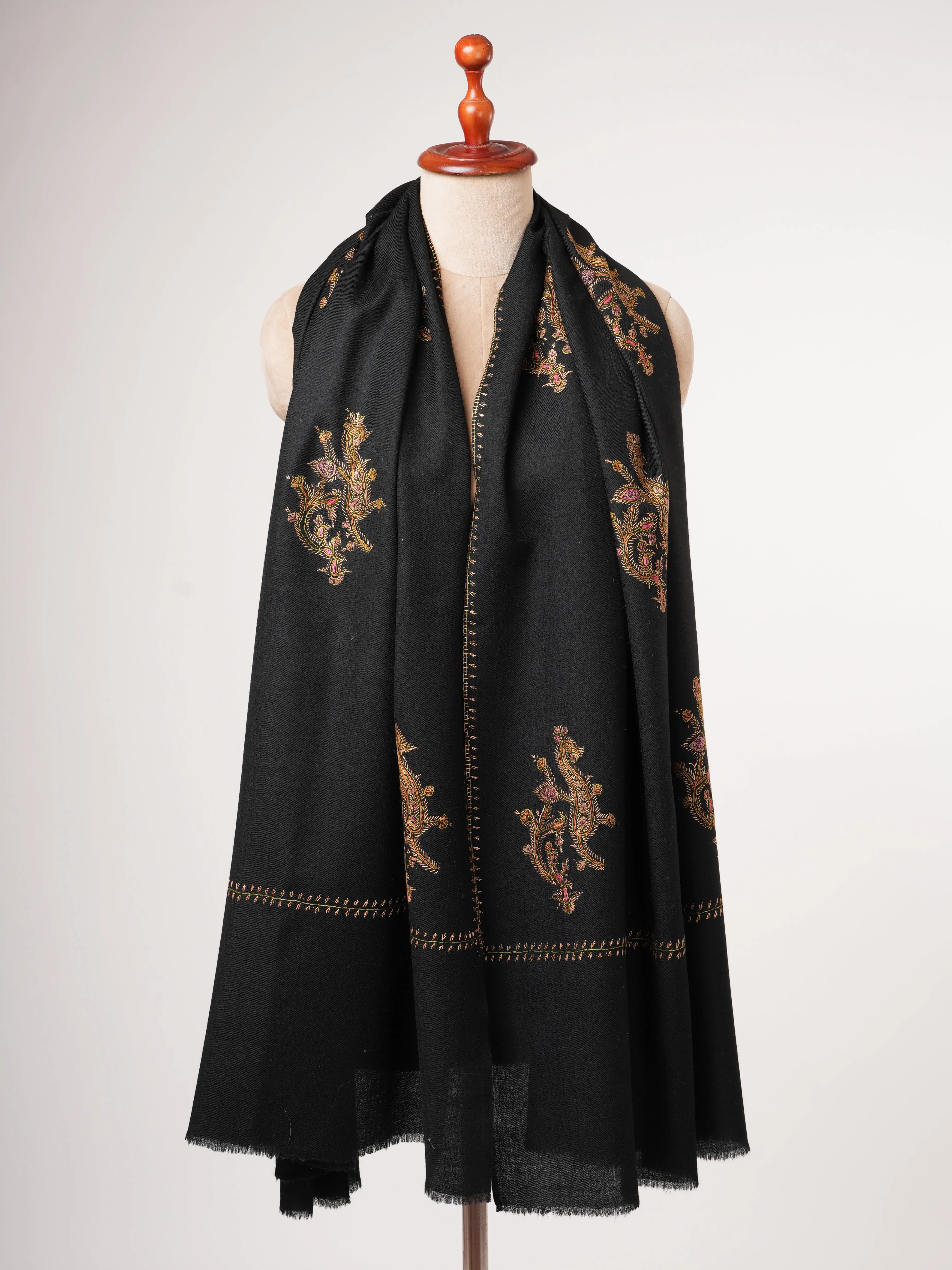 Fine Wool Shawl in Black with Traditional Hand Embroidery Shahkaar