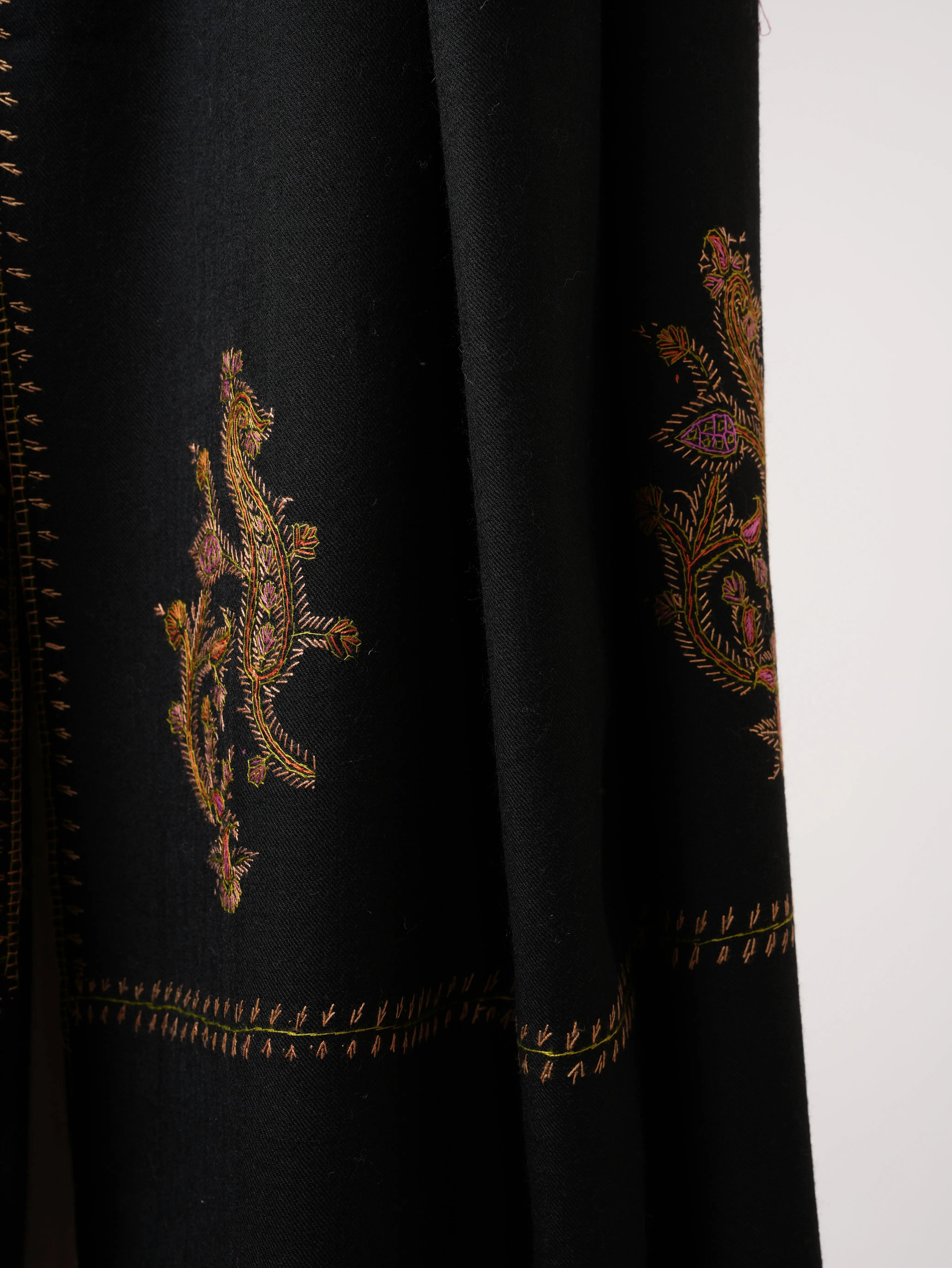 Fine Wool Shawl in Black with Traditional Hand Embroidery Shahkaar